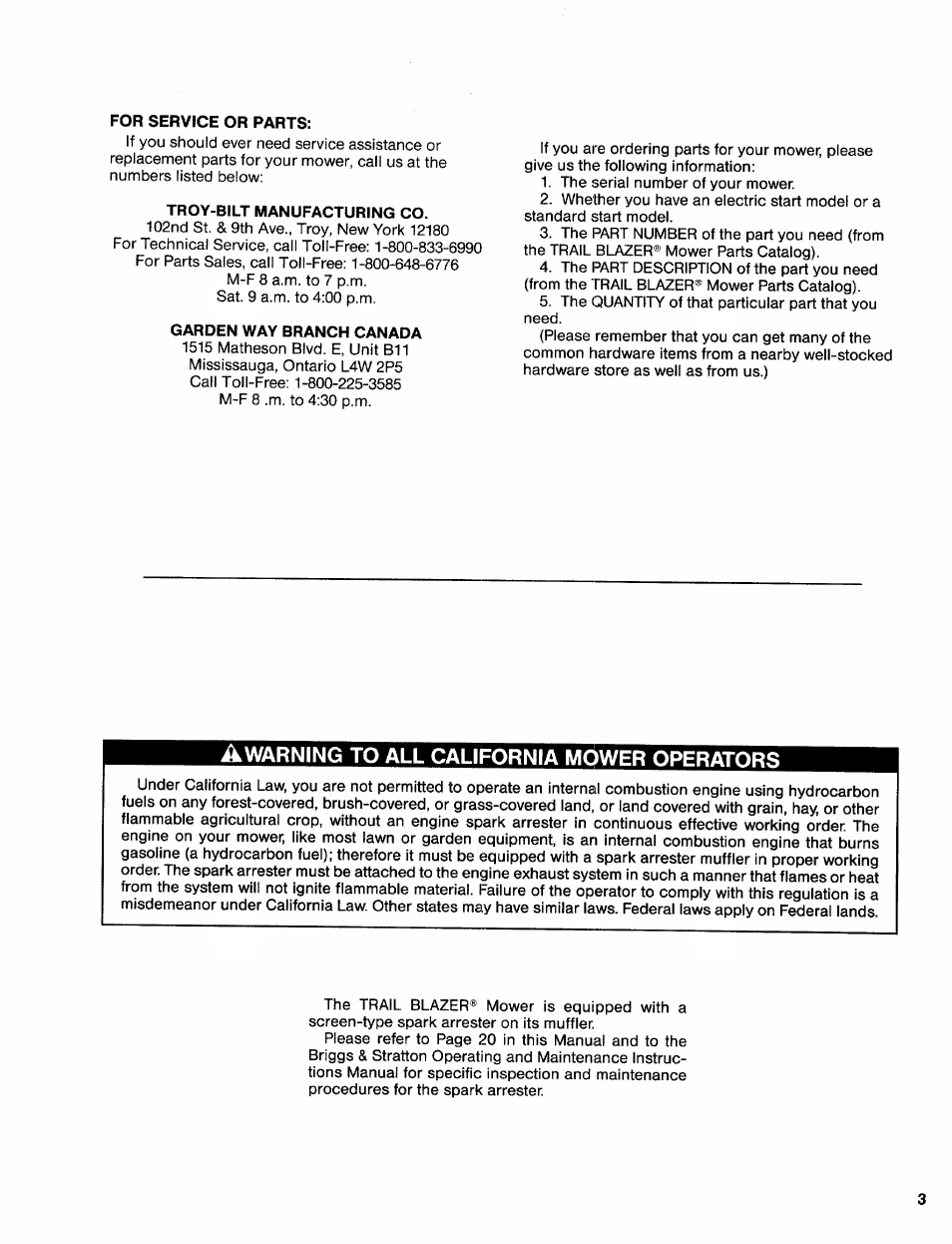 Awarning to all california mower operators | Troy-Bilt 31/2 HP User Manual | Page 5 / 48