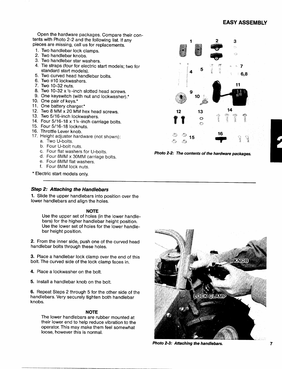 Step 2: attaching the handlebars | Troy-Bilt 31/2 HP User Manual | Page 9 / 48