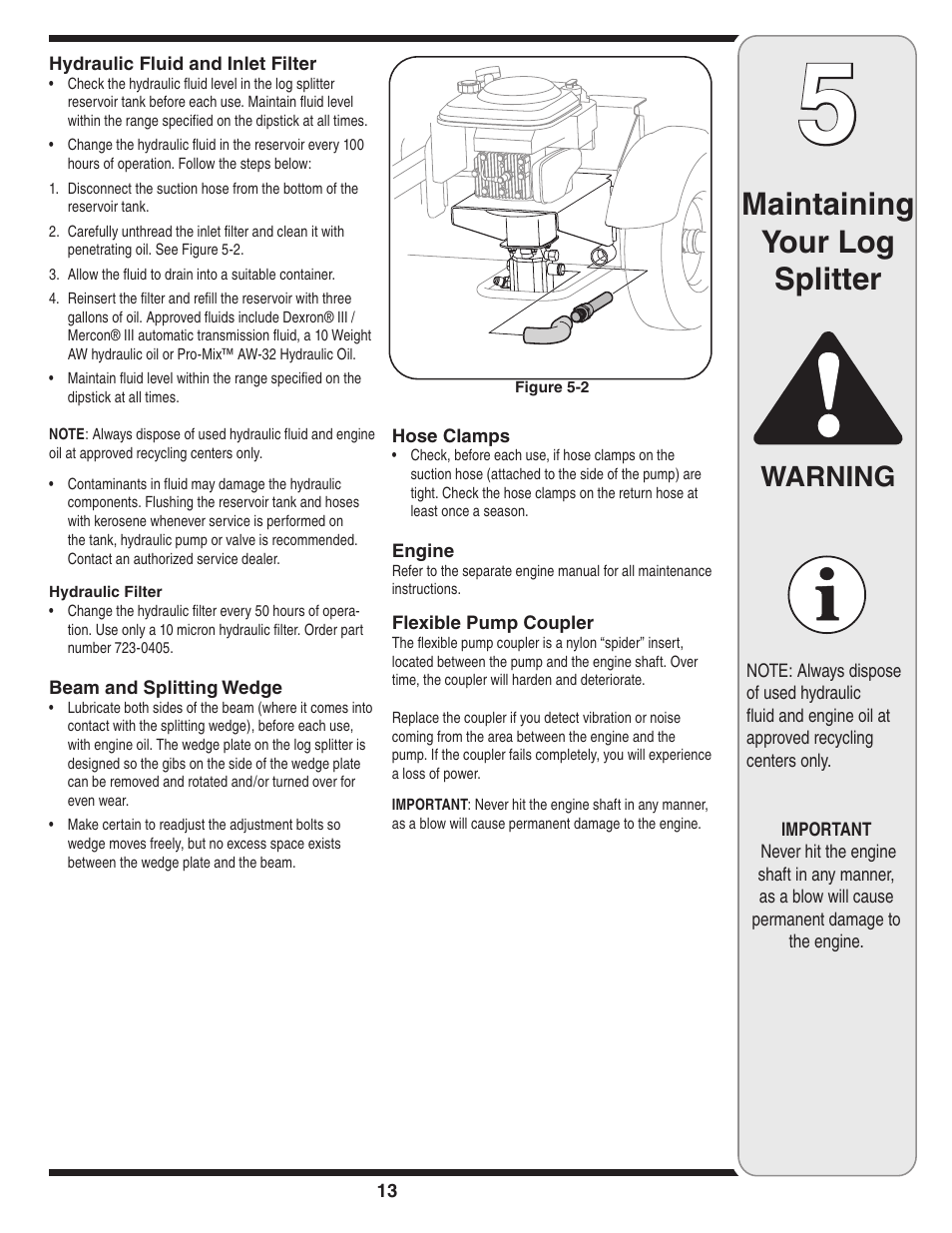 Maintaining your log splitter, Warning | Troy-Bilt 570 User Manual | Page 13 / 20