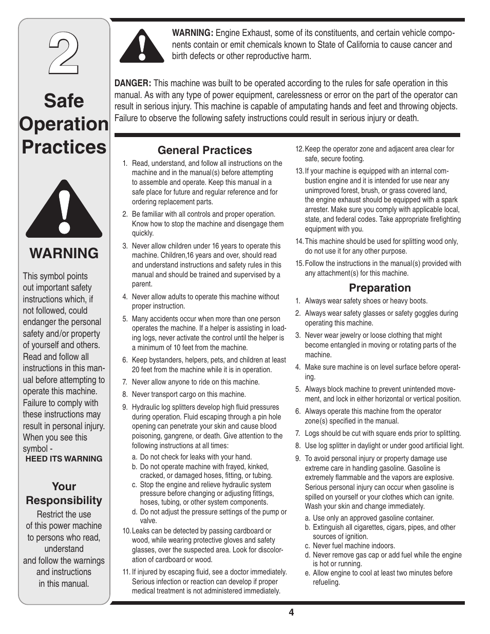 Safe operation practices, Warning | Troy-Bilt 570 User Manual | Page 4 / 20