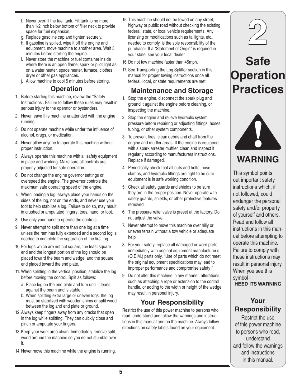 Safe operation practices, Warning | Troy-Bilt 570 User Manual | Page 5 / 20