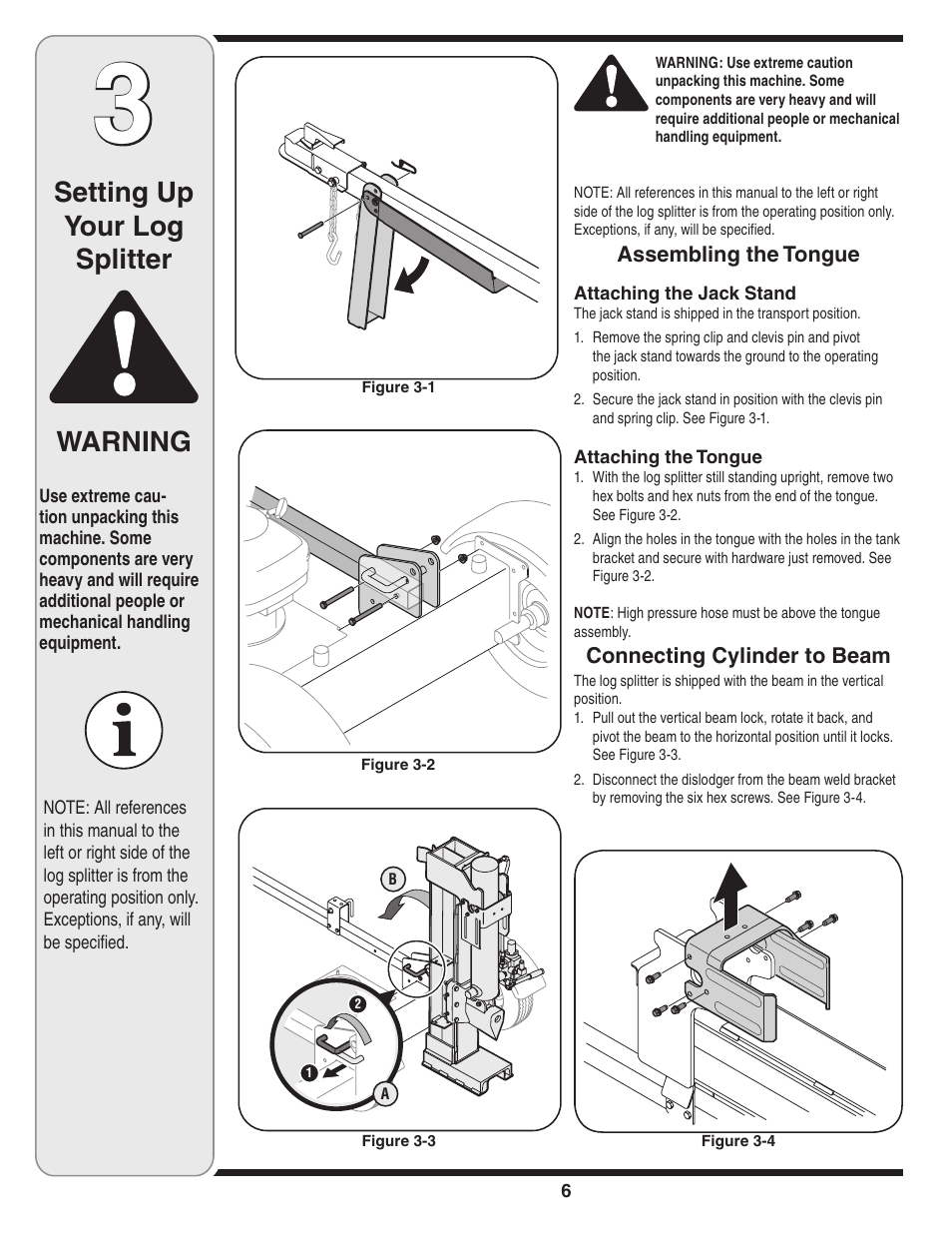 Setting up your log splitter, Warning | Troy-Bilt 570 User Manual | Page 6 / 20