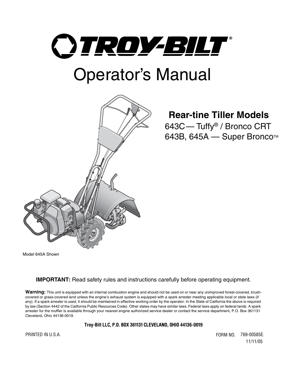 Troy-Bilt 645A Super Bronco ES User Manual | 64 pages