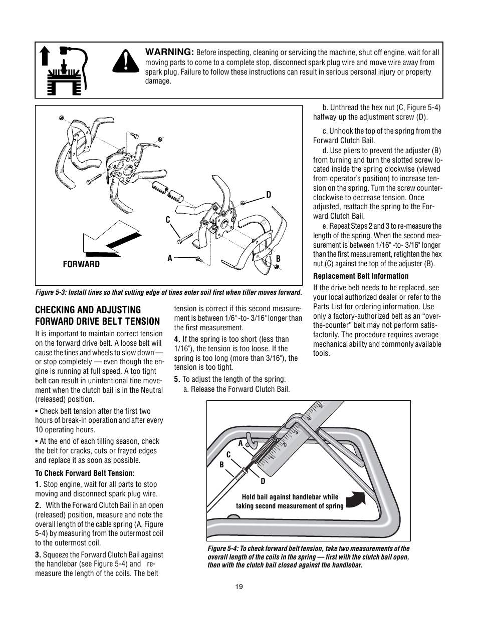 Checking and adjusting forward drive belt tension | Troy-Bilt 645A Super Bronco ES User Manual | Page 19 / 64