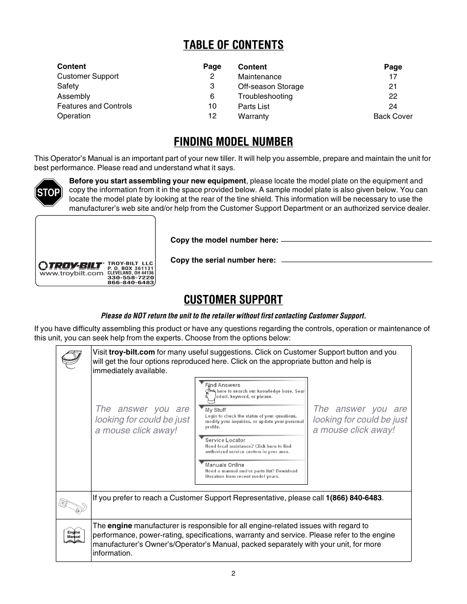 Table of contents finding model number, Customer support | Troy-Bilt 645A Super Bronco ES User Manual | Page 2 / 64