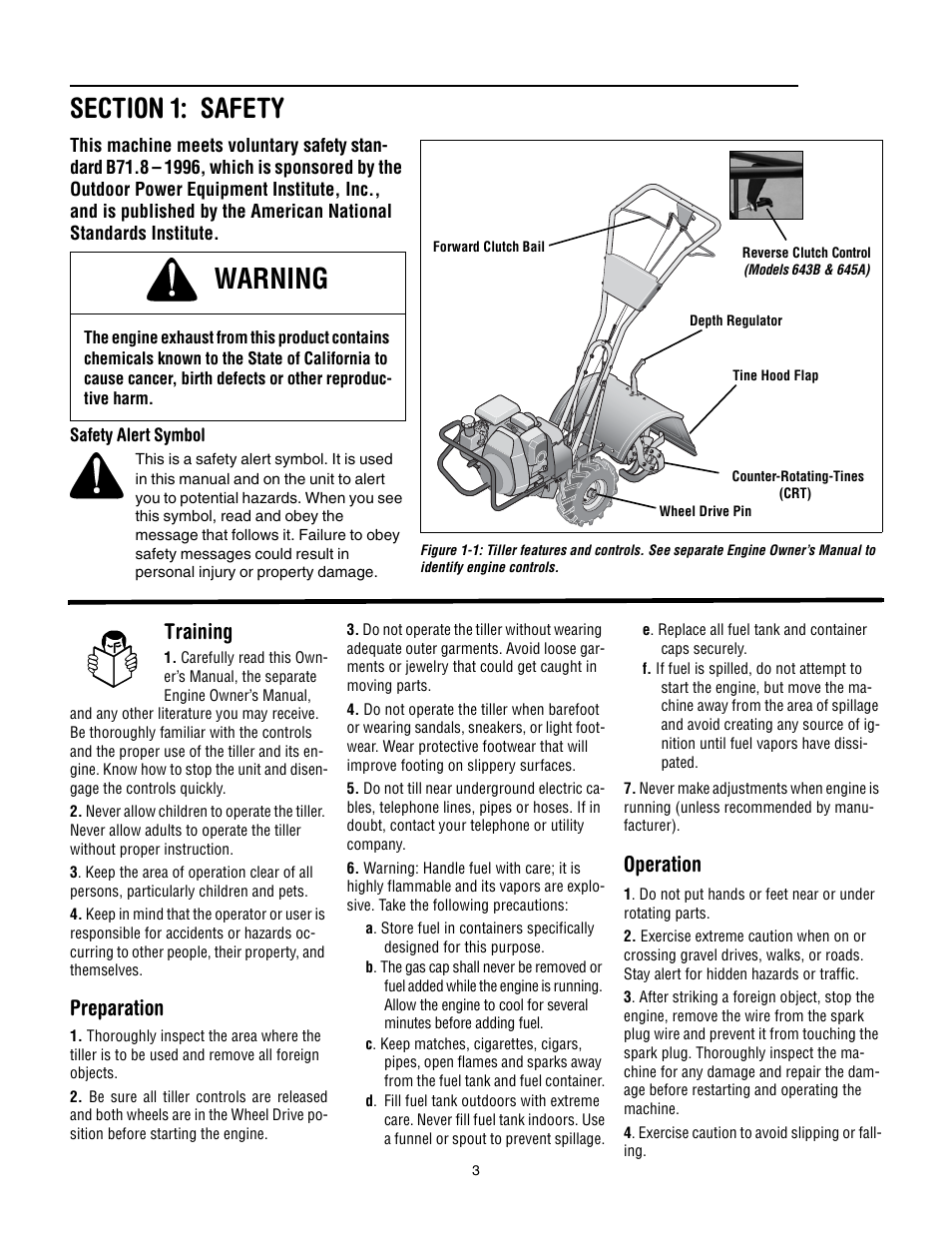 Section 1: safety, Warning, Training | Preparation, Operation | Troy-Bilt 645A Super Bronco ES User Manual | Page 3 / 64