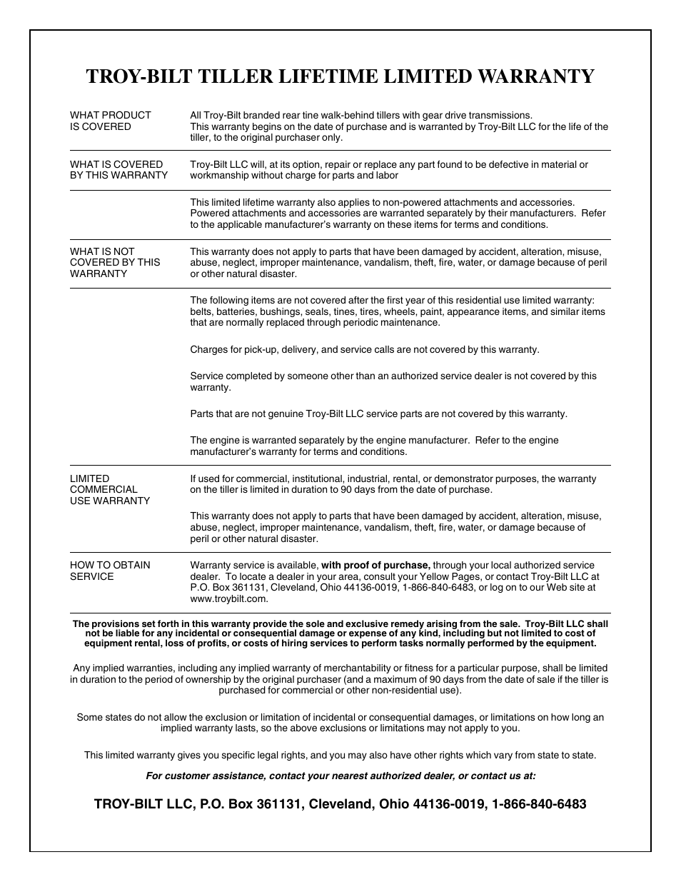 Troy-bilt tiller lifetime limited warranty | Troy-Bilt 645A Super Bronco ES User Manual | Page 32 / 64