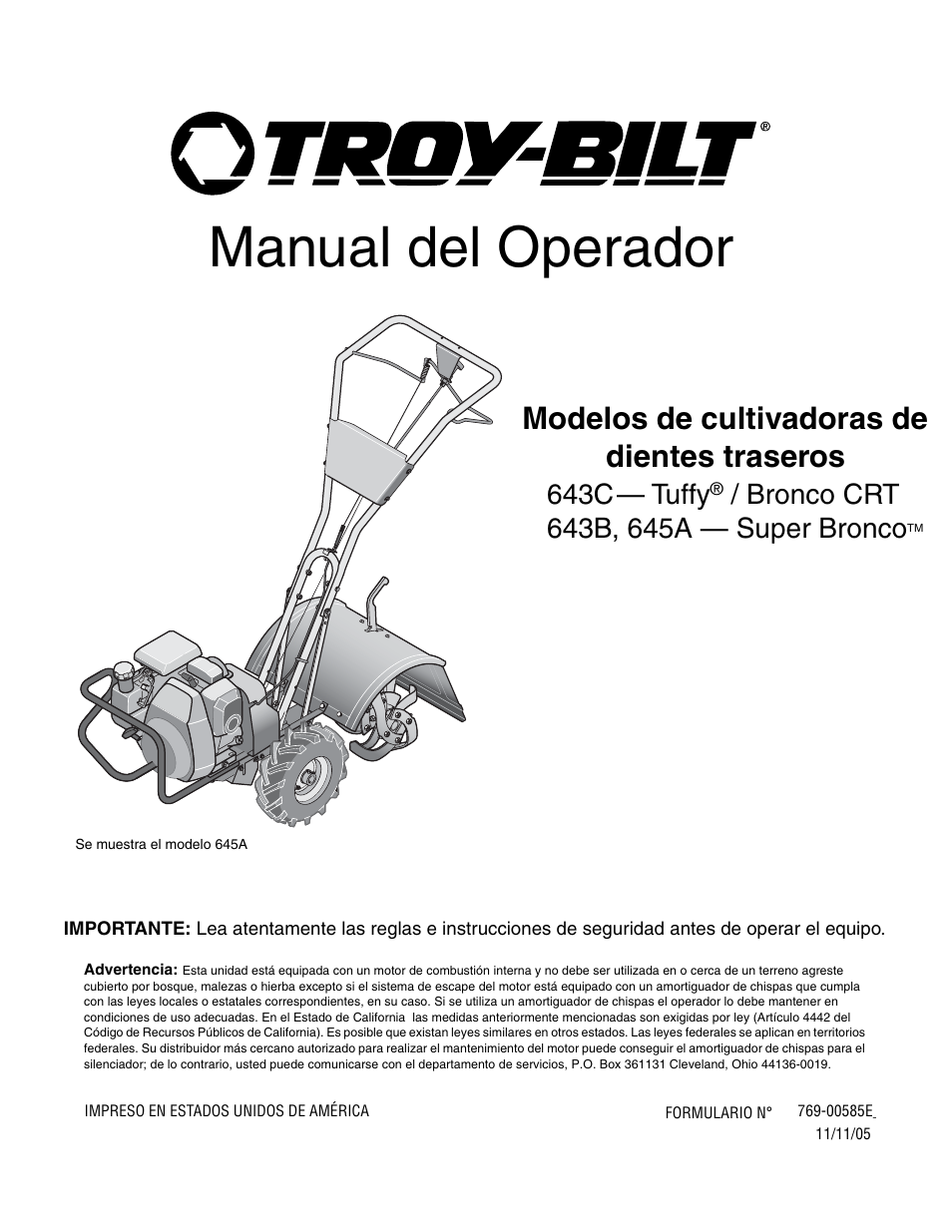 Manual del operador, Modelos de cultivadoras de dientes traseros, 643c — tuffy | Troy-Bilt 645A Super Bronco ES User Manual | Page 33 / 64