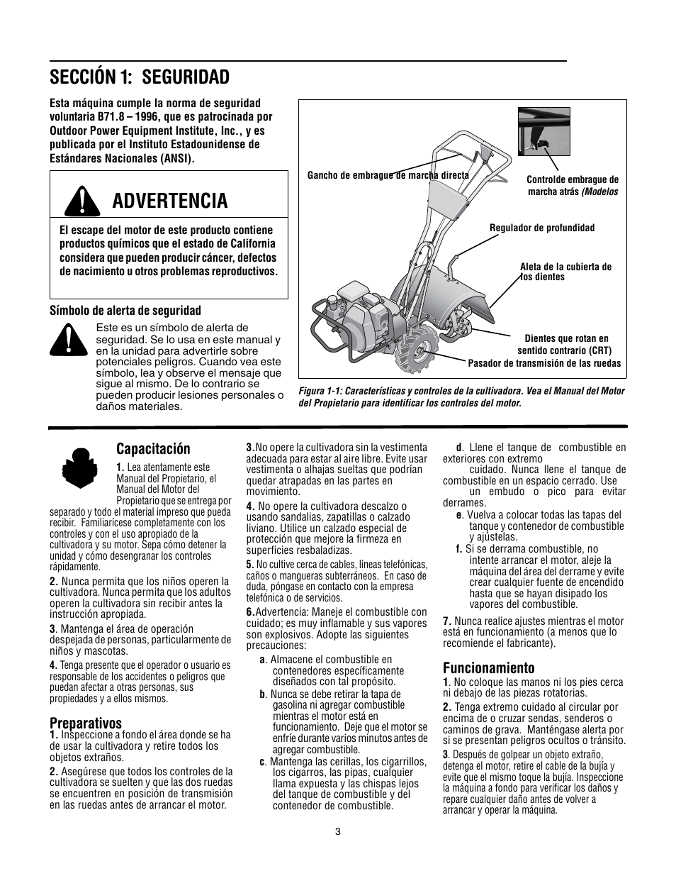 Sección 1: seguridad, Advertencia, Capacitación | Preparativos, Funcionamiento | Troy-Bilt 645A Super Bronco ES User Manual | Page 35 / 64