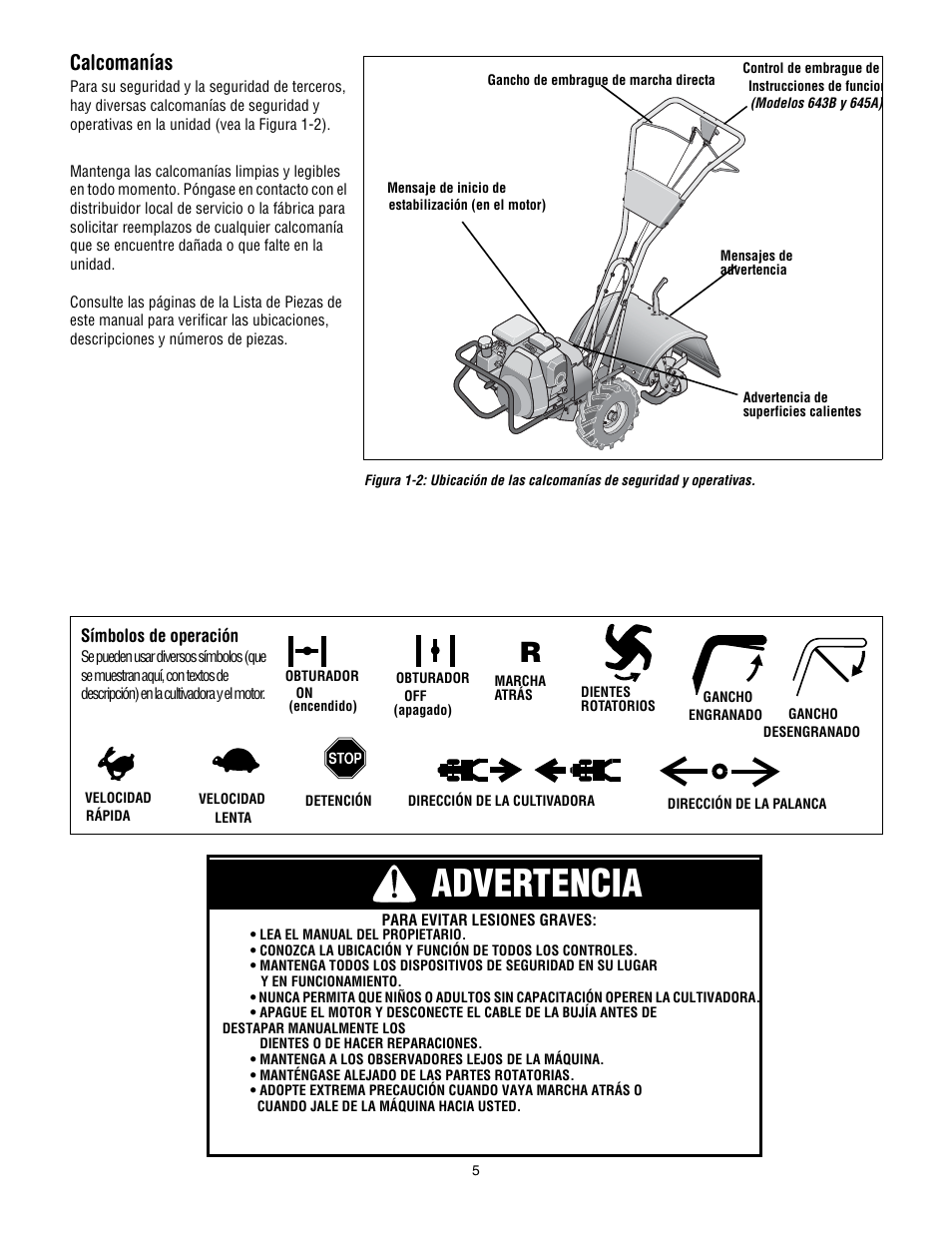 Advertencia, Calcomanías | Troy-Bilt 645A Super Bronco ES User Manual | Page 37 / 64