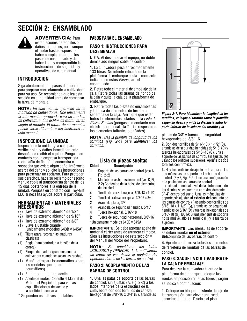 Sección 2: ensamblado, Lista de piezas sueltas, Introducción | Inspeccione la unidad, Herramientas / materiales necesarios, Pasos para el ensamblado | Troy-Bilt 645A Super Bronco ES User Manual | Page 38 / 64