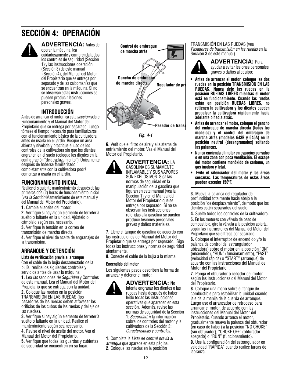 Sección 4: operación, Introducción, Funcionamiento inicial | Arranque y detención | Troy-Bilt 645A Super Bronco ES User Manual | Page 44 / 64