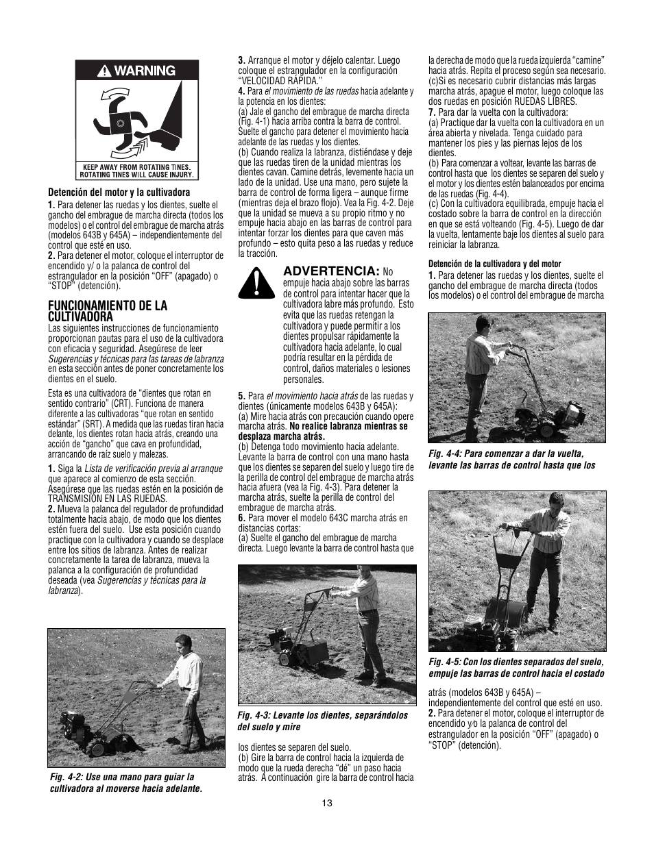 Funcionamiento de la cultivadora | Troy-Bilt 645A Super Bronco ES User Manual | Page 45 / 64