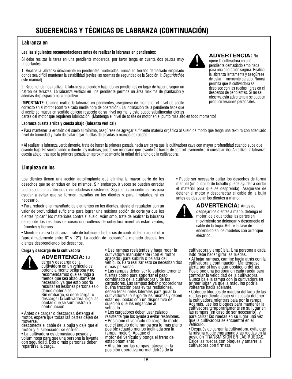Sugerencias y técnicas de labranza (continuación), Labranza en, Advertencia | Limpieza de los | Troy-Bilt 645A Super Bronco ES User Manual | Page 47 / 64