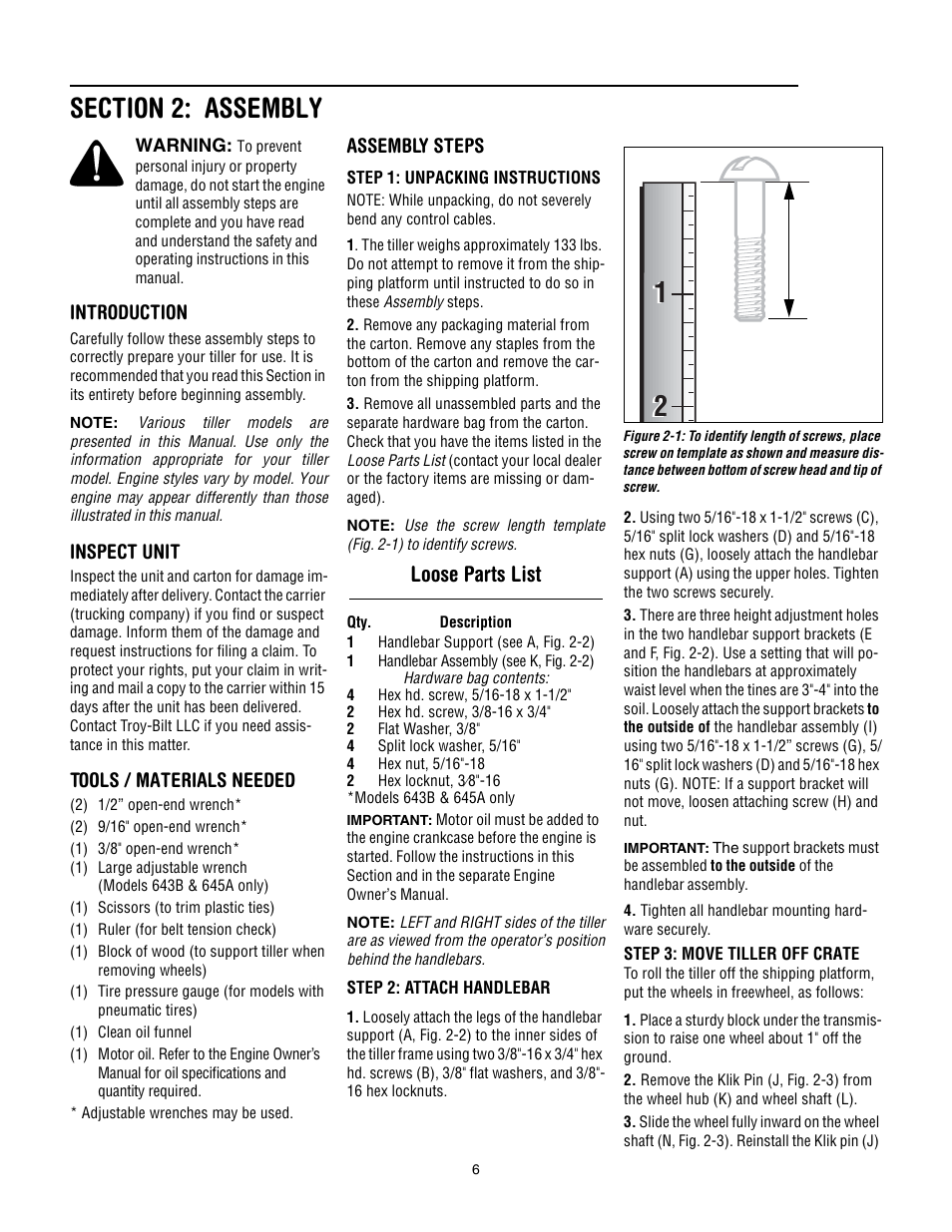 Section 2: assembly, Loose parts list, Introduction | Inspect unit, Tools / materials needed, Assembly steps | Troy-Bilt 645A Super Bronco ES User Manual | Page 6 / 64