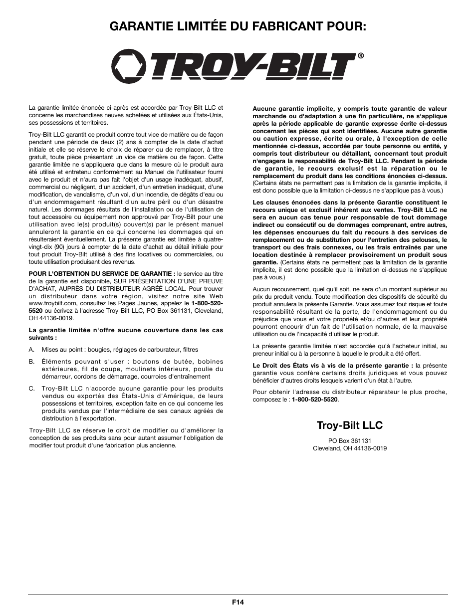 Garantie limitée du fabricant pour, Troy-bilt llc | Troy-Bilt TB465SS User Manual | Page 28 / 48