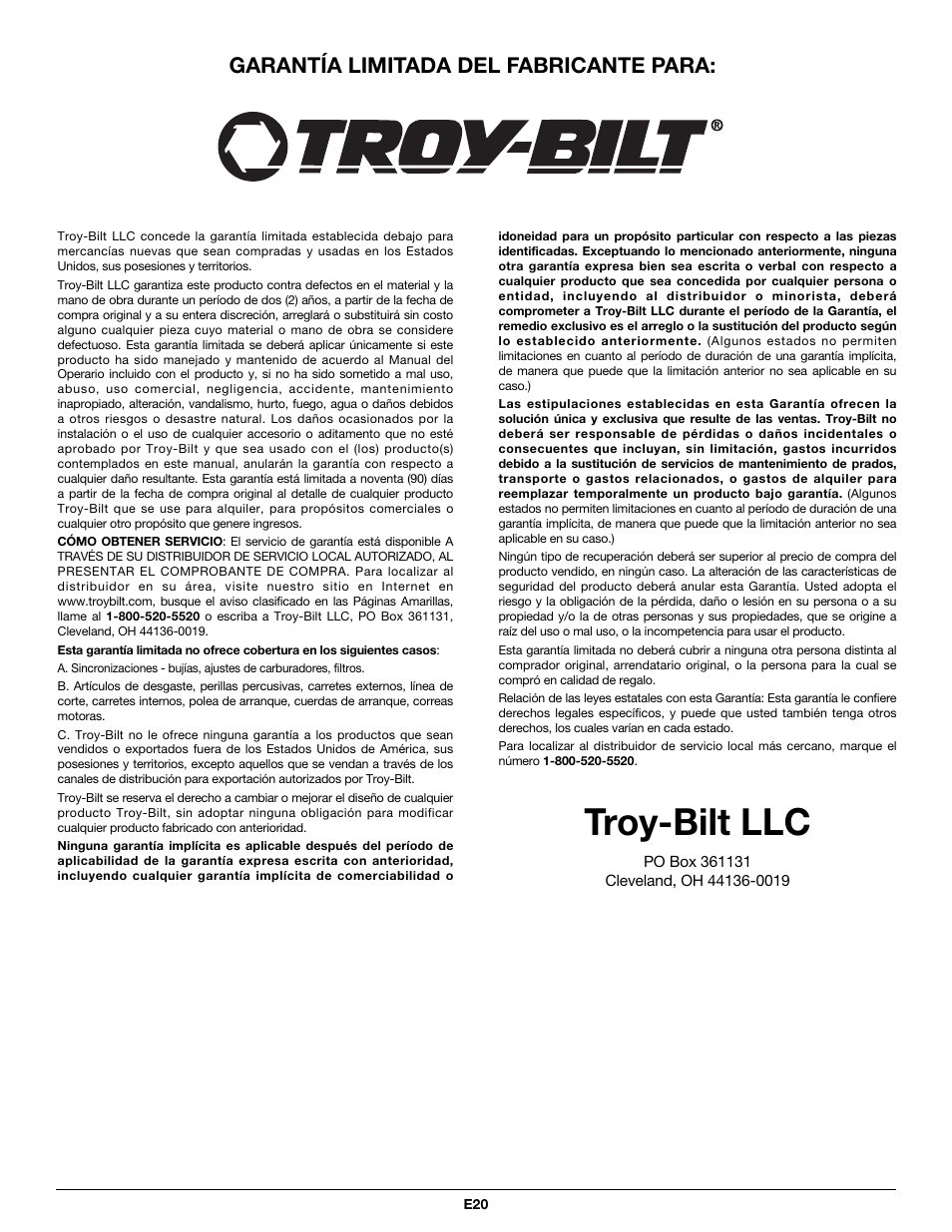 Troy-bilt llc, Garantía limitada del fabricante para | Troy-Bilt TB465SS User Manual | Page 48 / 48