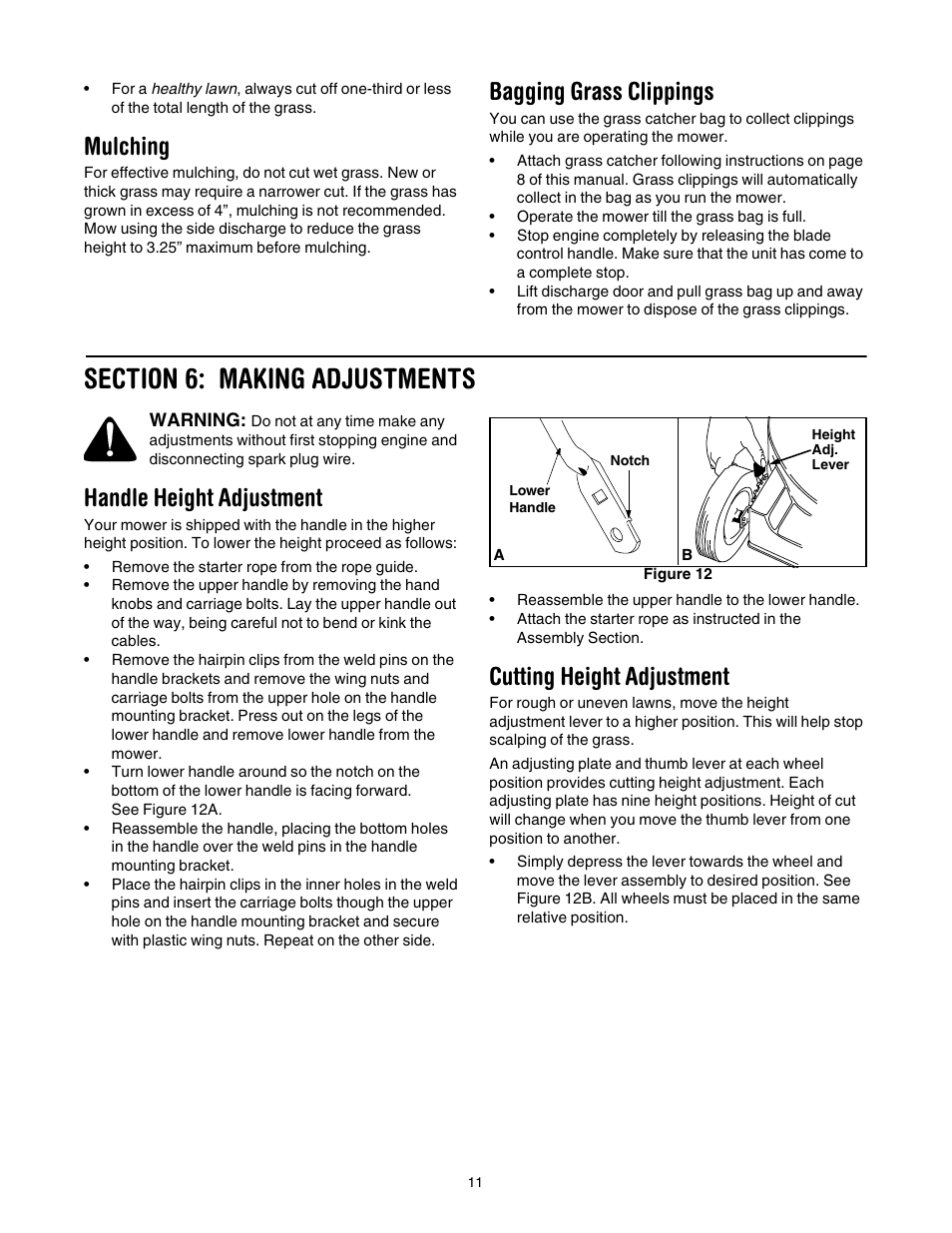 Figure 12, Mulching, Bagging grass clippings | Handle height adjustment, Cutting height adjustment | Troy-Bilt 546 User Manual | Page 11 / 16