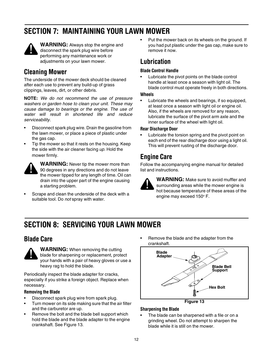 Figure 13, Cleaning mower, Lubrication | Engine care, Blade care | Troy-Bilt 546 User Manual | Page 12 / 16