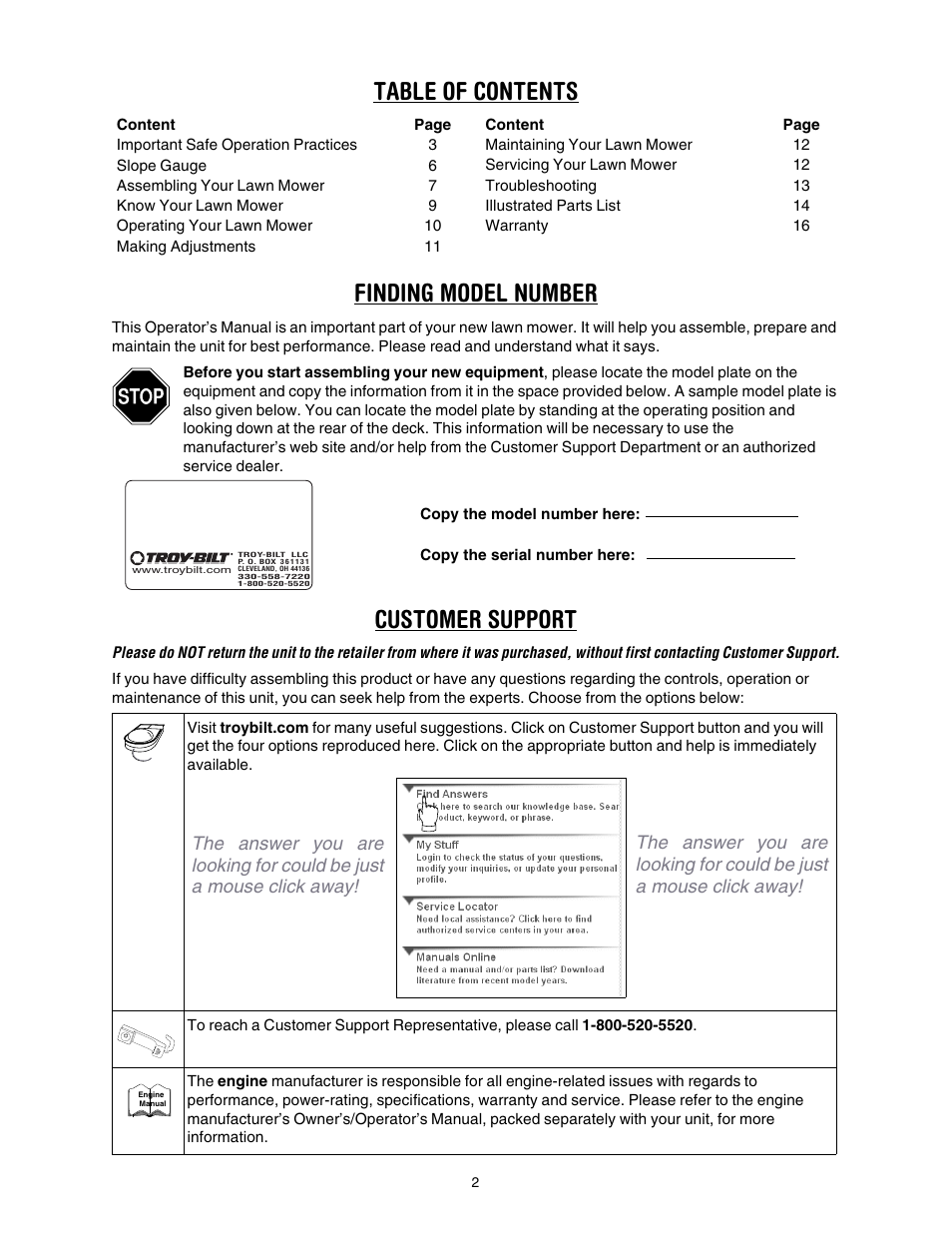 Table of contents finding model number, Customer support | Troy-Bilt 546 User Manual | Page 2 / 16