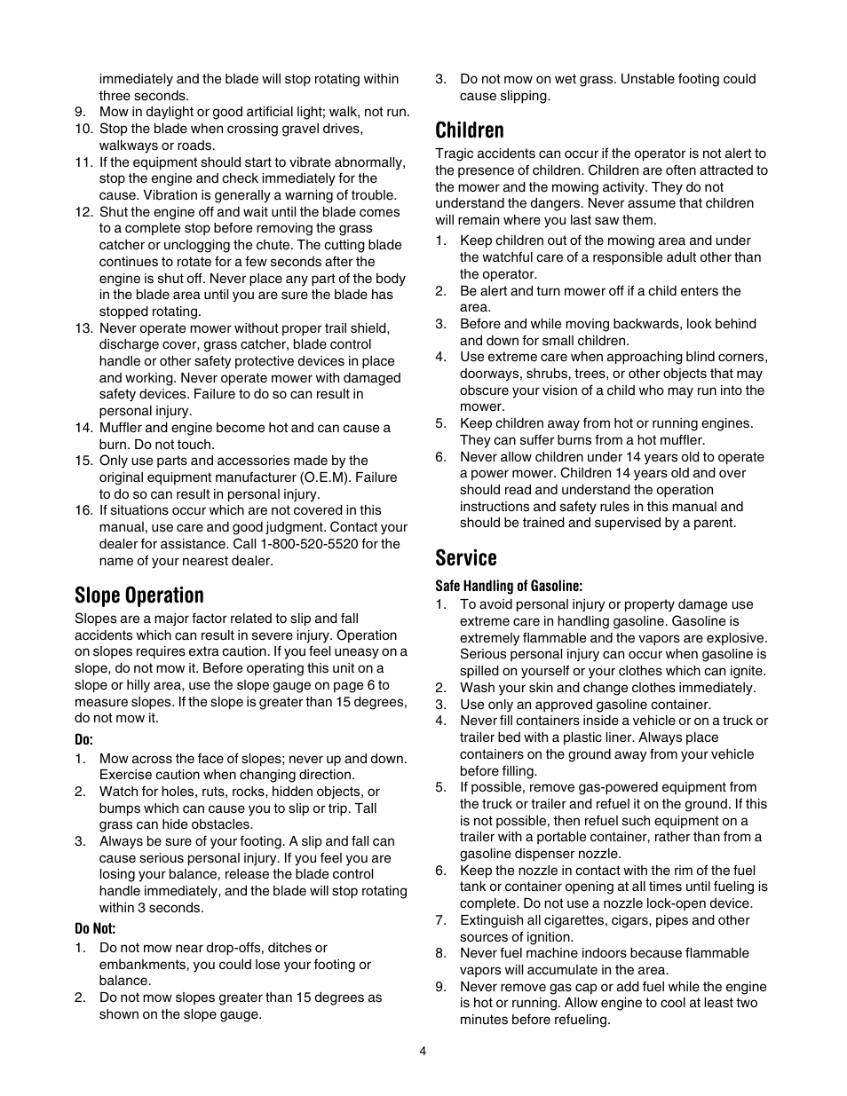 Slope operation, Children, Service | Troy-Bilt 546 User Manual | Page 4 / 16