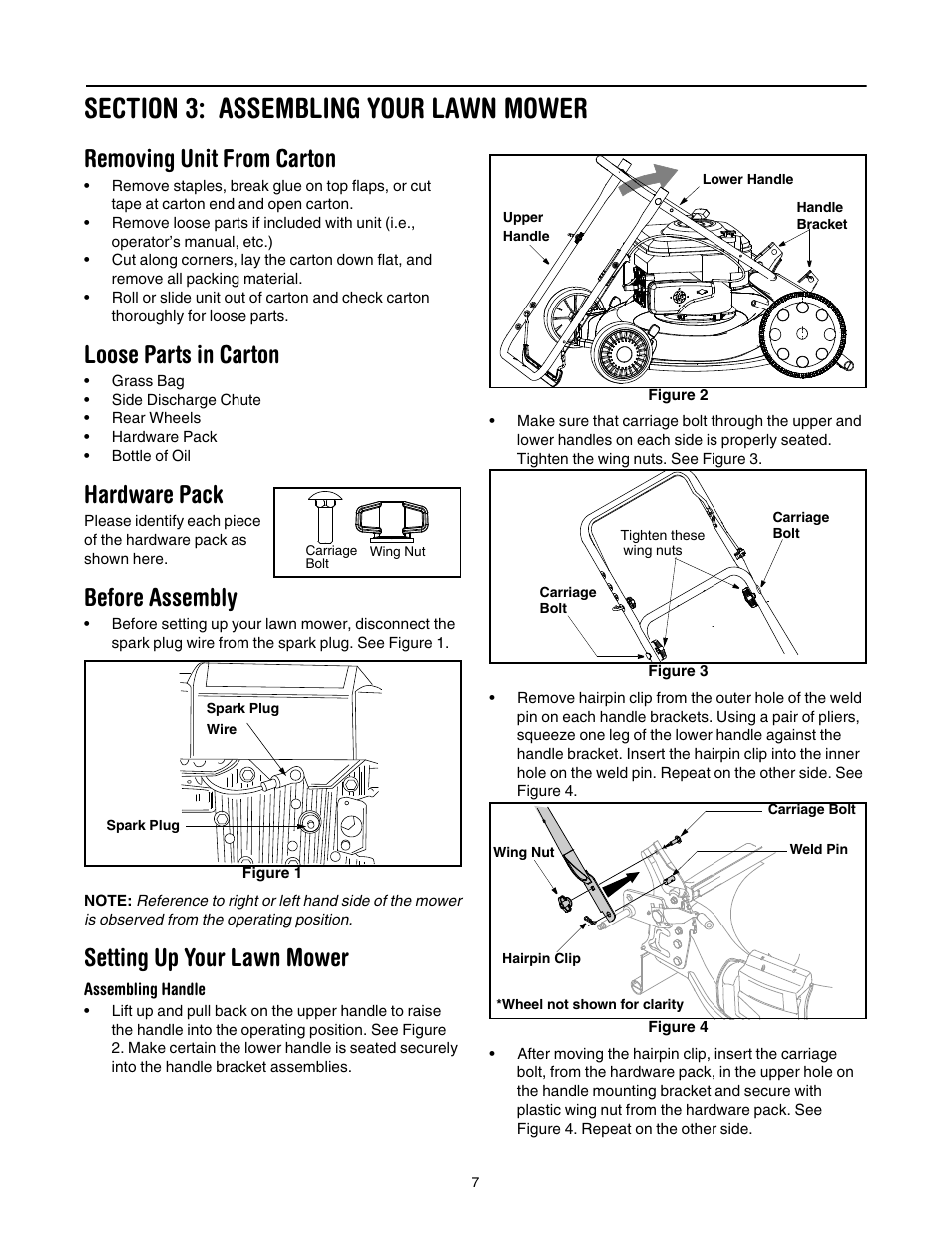 Figure 1, Figure 2, Figure 3 | Figure 4, Removing unit from carton, Loose parts in carton, Hardware pack, Before assembly, Setting up your lawn mower | Troy-Bilt 546 User Manual | Page 7 / 16