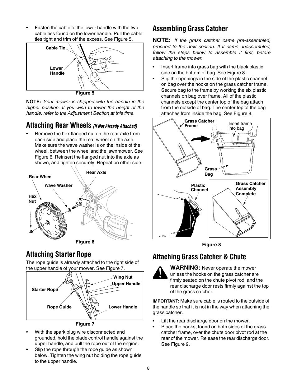 Figure 5, Figure 6, Figure 7 | Figure 8, Attaching rear wheels, Attaching starter rope, Assembling grass catcher, Attaching grass catcher & chute | Troy-Bilt 546 User Manual | Page 8 / 16
