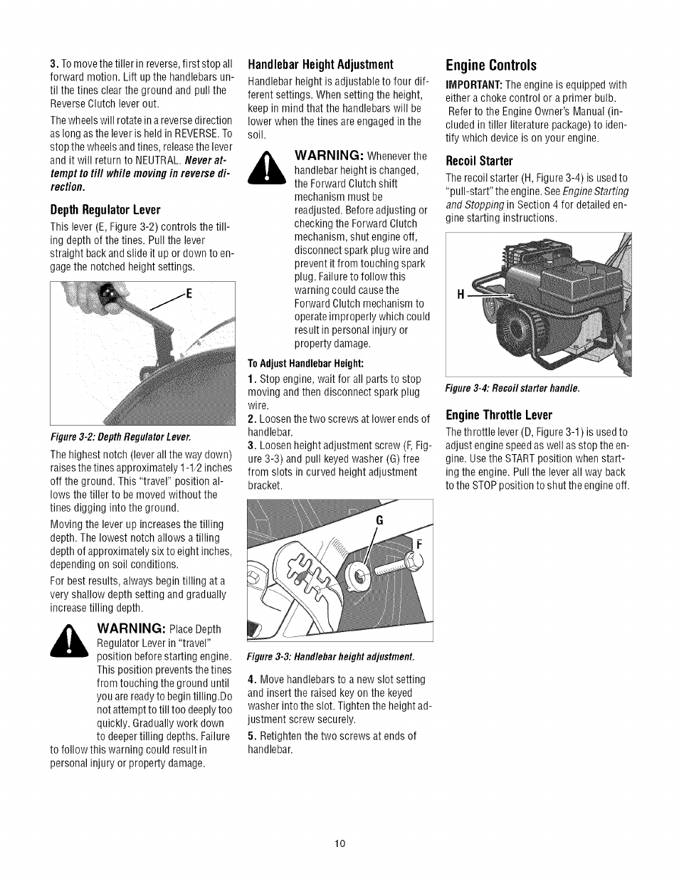 Depth regulator lever, Handlebar height adjustment, Engine controls | Recoil starter, Engine throttle lever | Troy-Bilt REAR-TINE TILLER 675B User Manual | Page 10 / 36