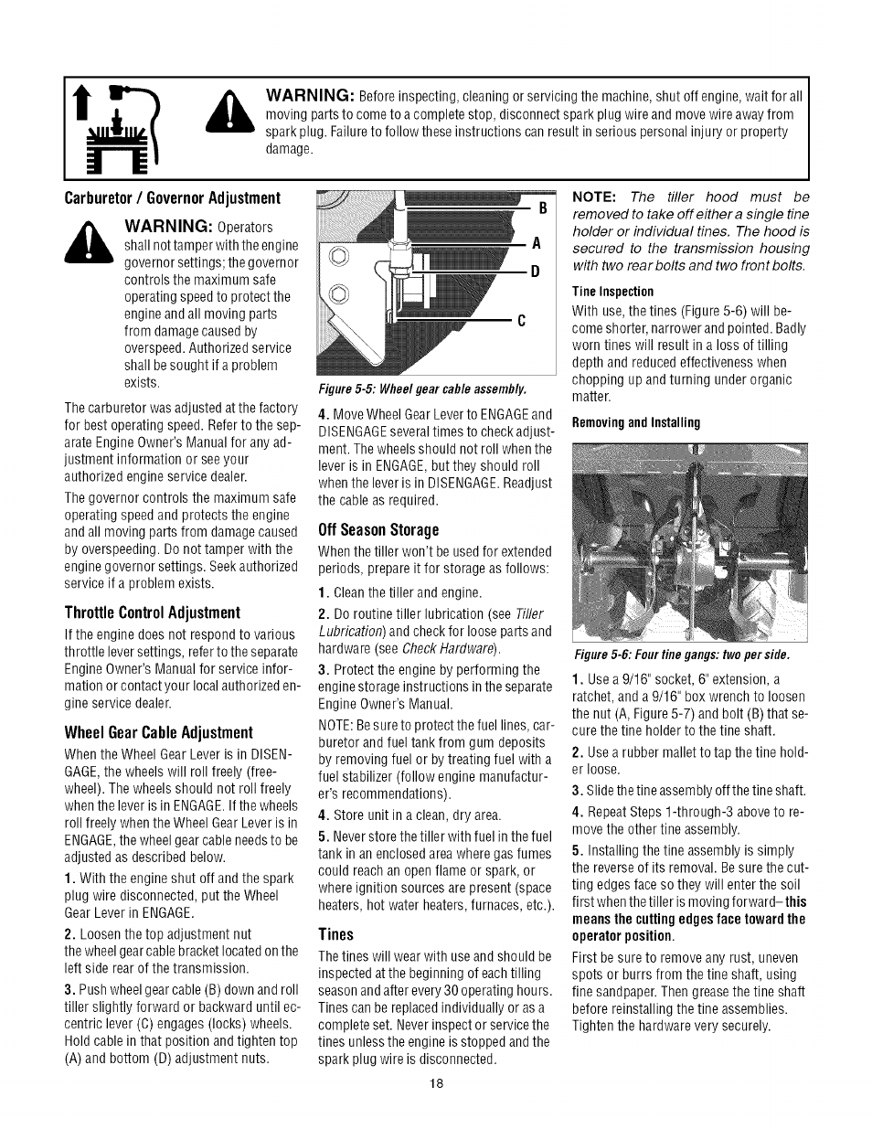 Carburetor / governor adjustment, Throttle control adjustment, Wheel gear cable adjustment | Off season storage, Tines, Warning | Troy-Bilt REAR-TINE TILLER 675B User Manual | Page 18 / 36