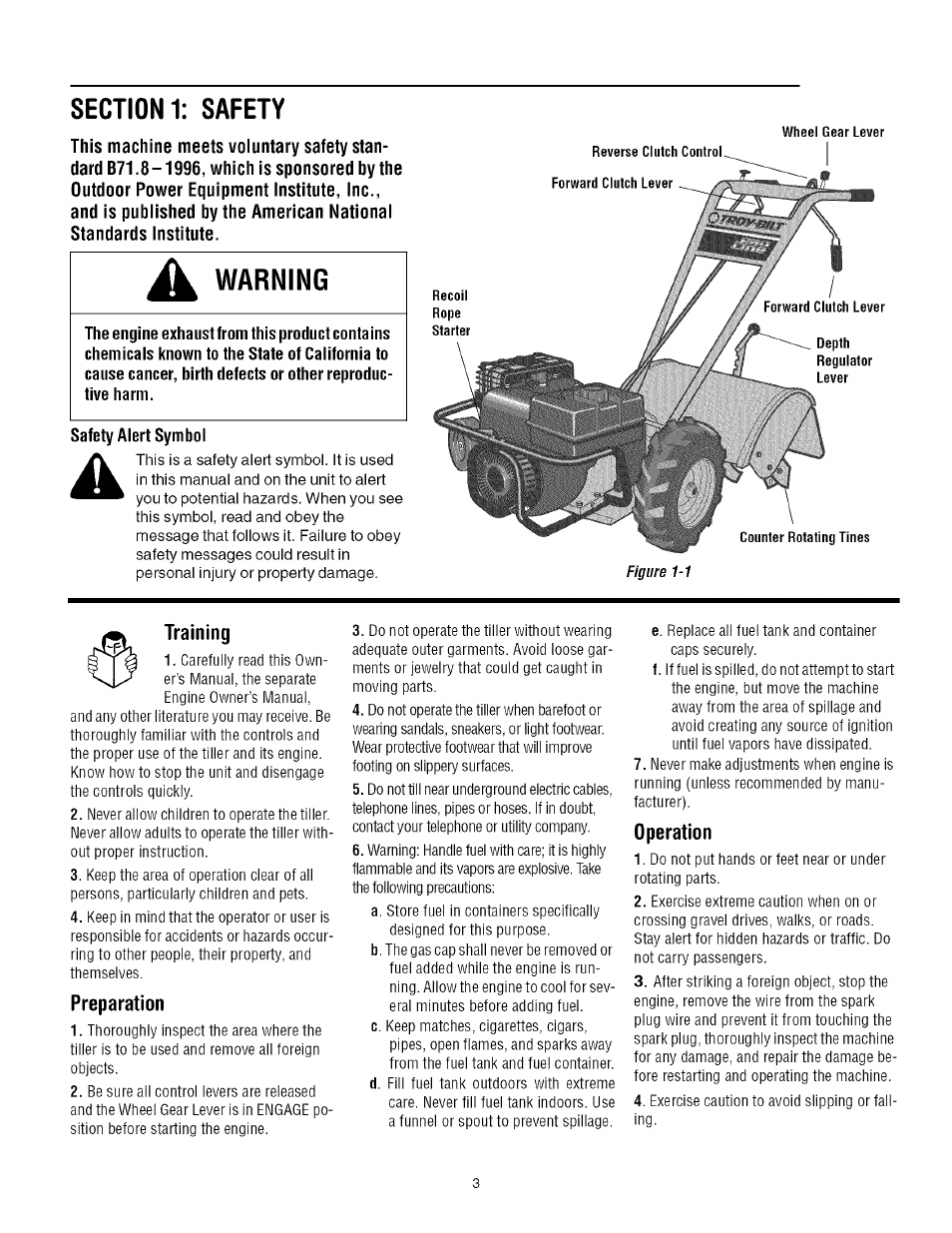 Section 1: safety, Ák warning, Training | Preparation, Operation, Warning | Troy-Bilt REAR-TINE TILLER 675B User Manual | Page 3 / 36
