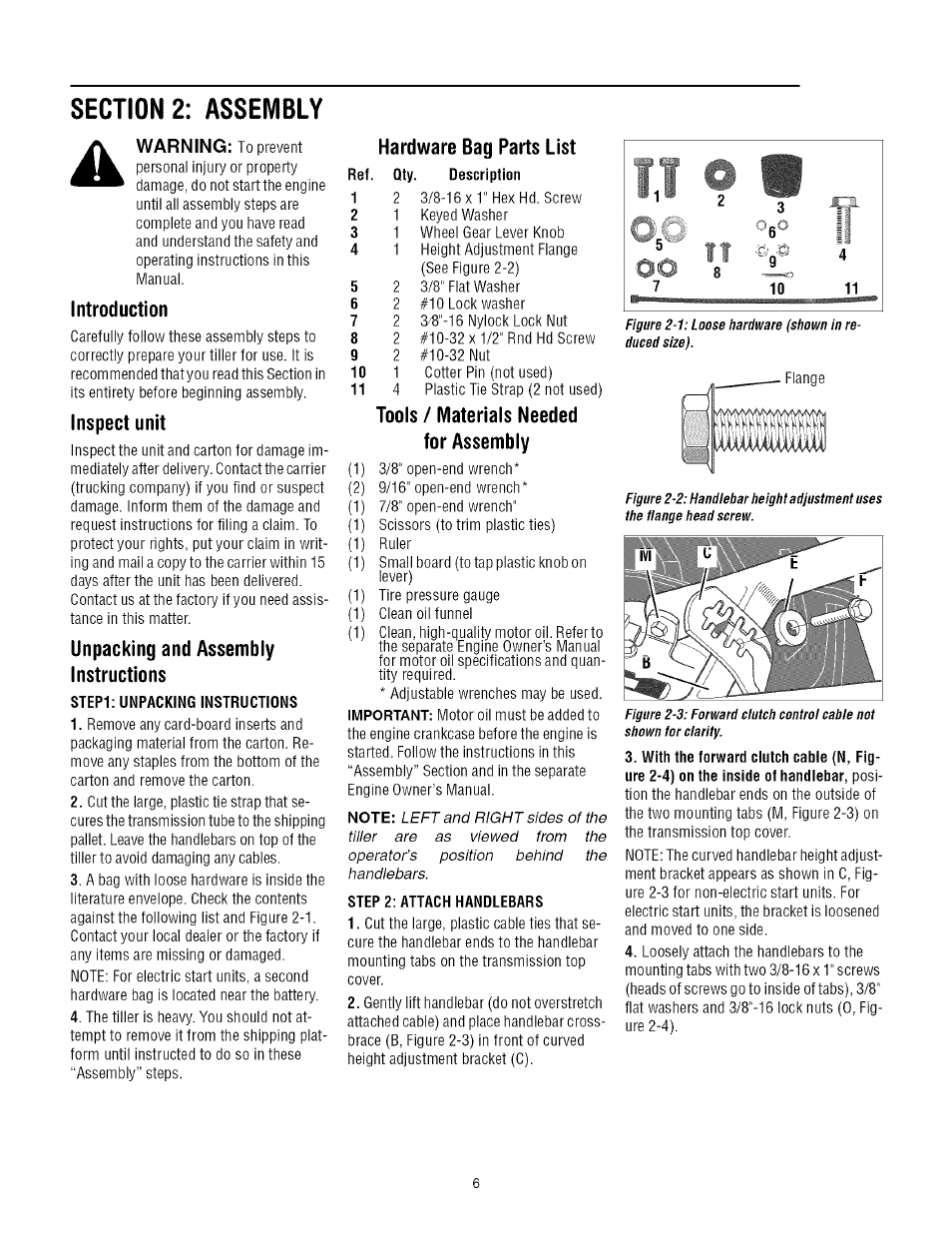 Section 2: assembly, Introduction, Inspect unit | Unpacking and assembly instructions, Hardware bag parts list, Tools / materials needed for assembly, Warning | Troy-Bilt REAR-TINE TILLER 675B User Manual | Page 6 / 36