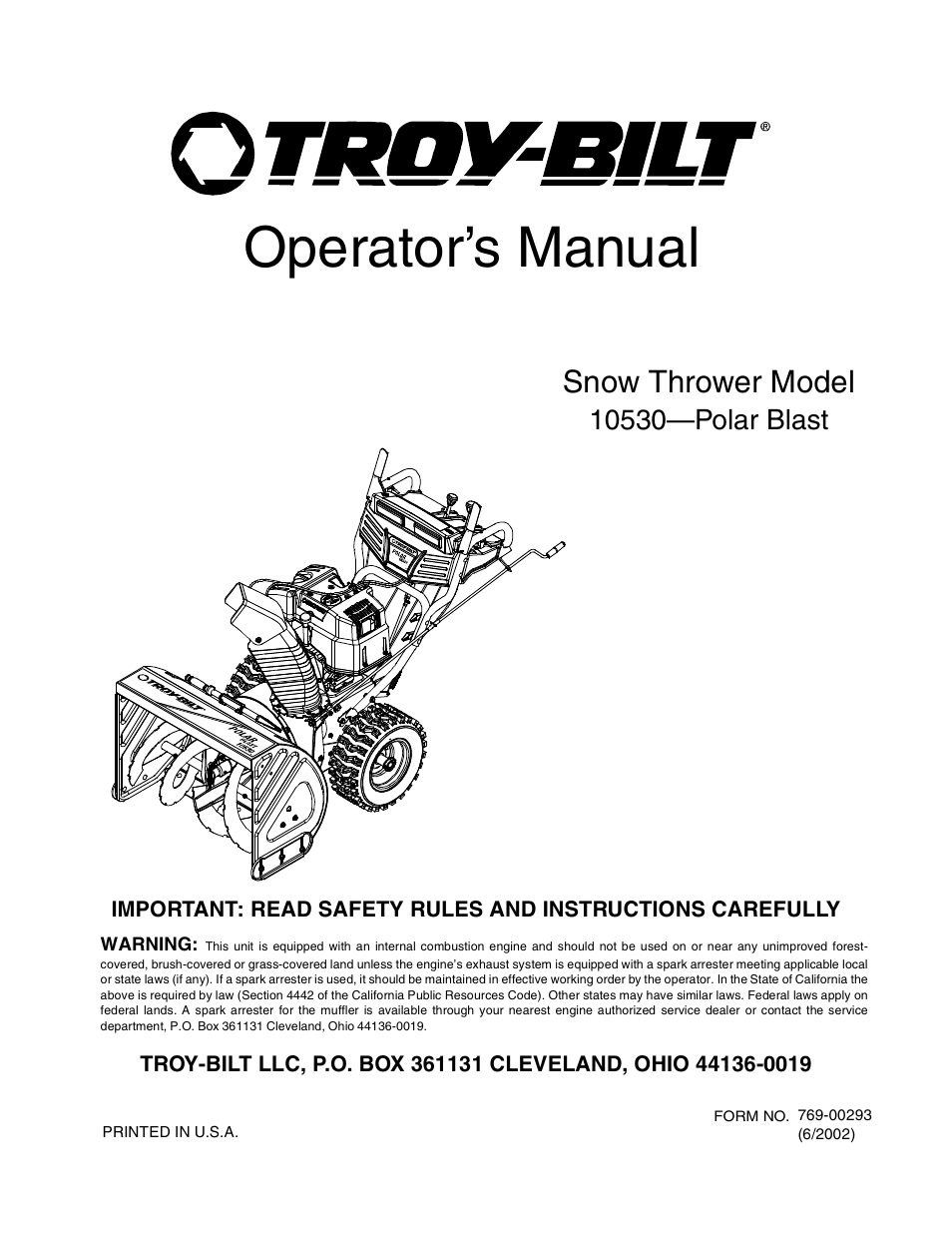 Troy-Bilt Polar Blast 10530 User Manual | 28 pages