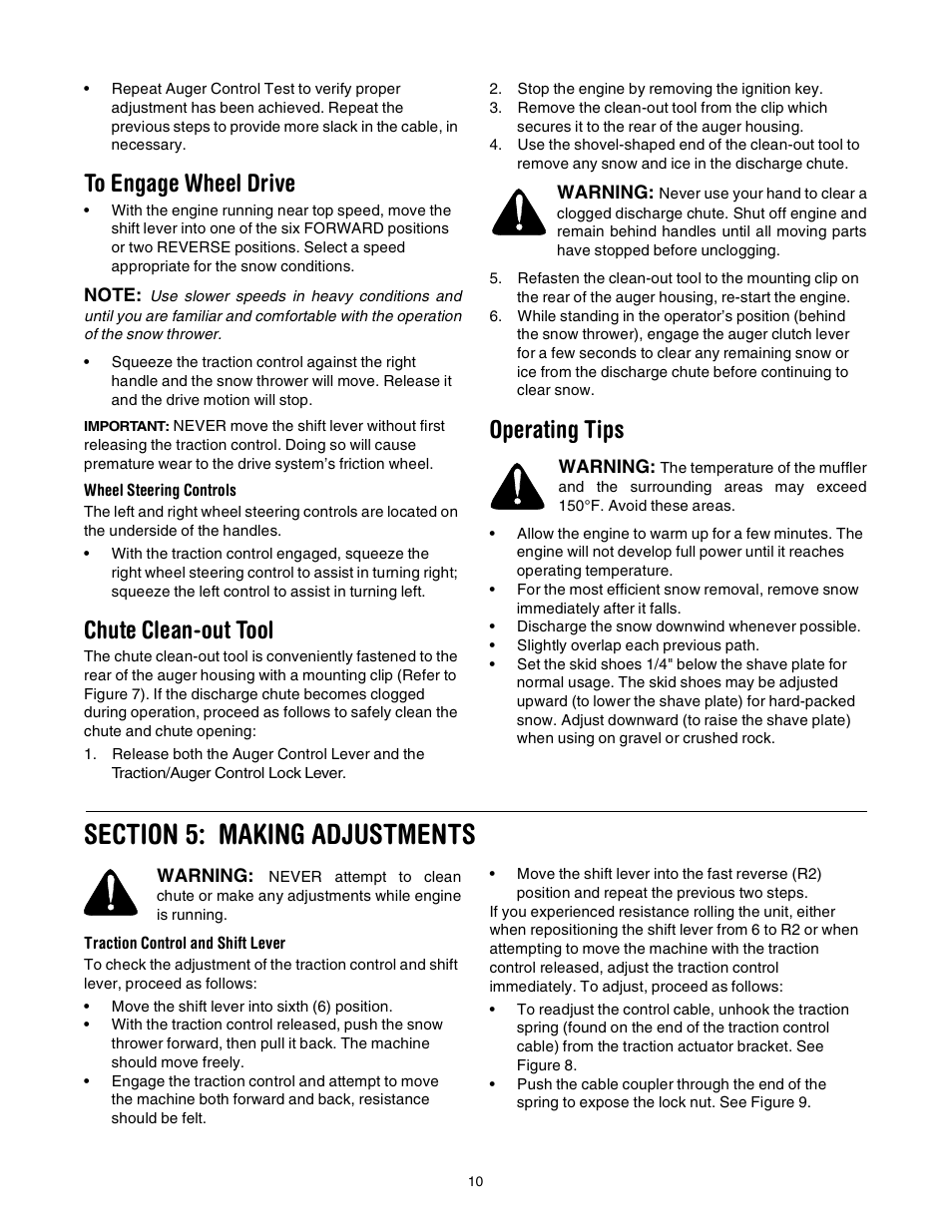 Chute clean-out tool, Operating tips | Troy-Bilt Polar Blast 10530 User Manual | Page 10 / 28