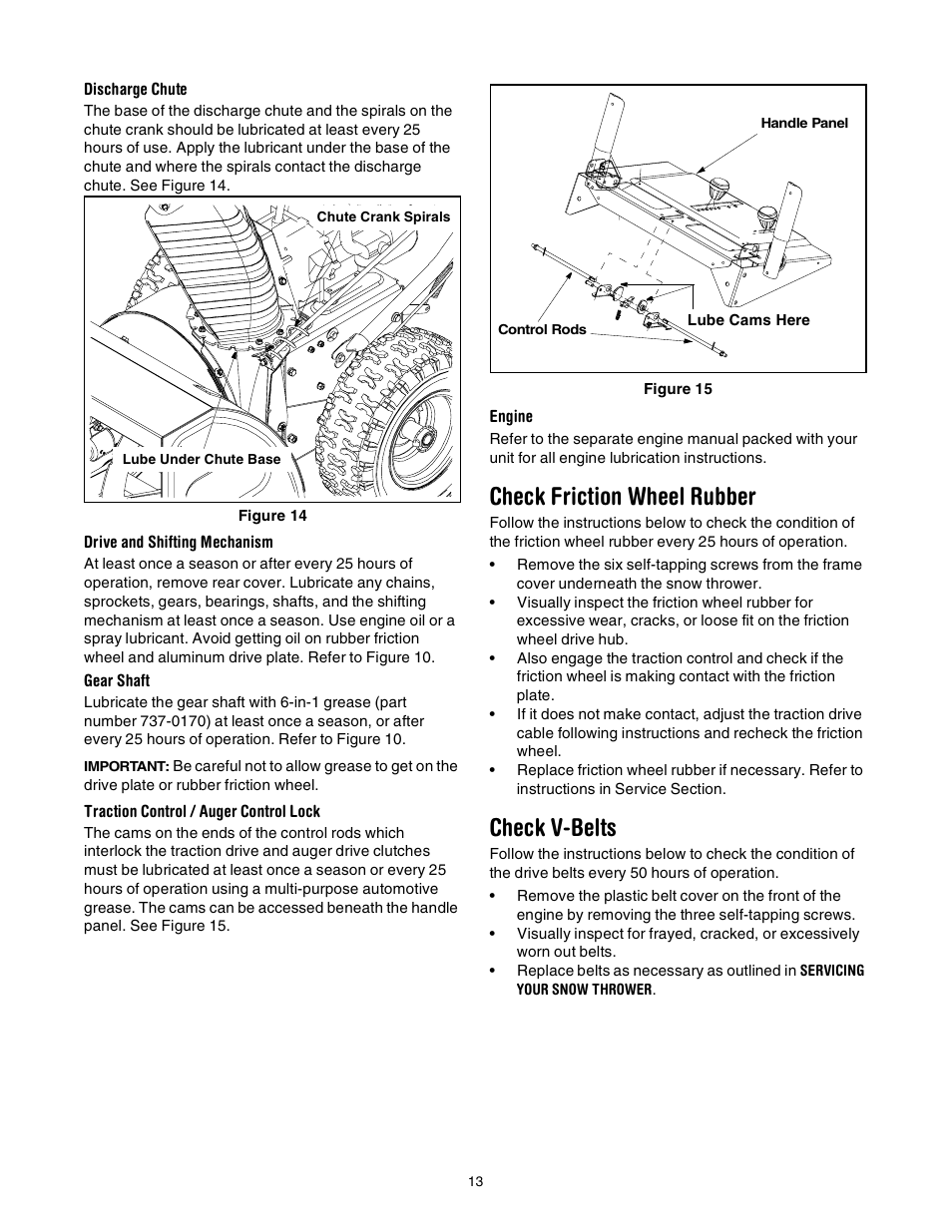 Check friction wheel rubber, Check v-belts | Troy-Bilt Polar Blast 10530 User Manual | Page 13 / 28