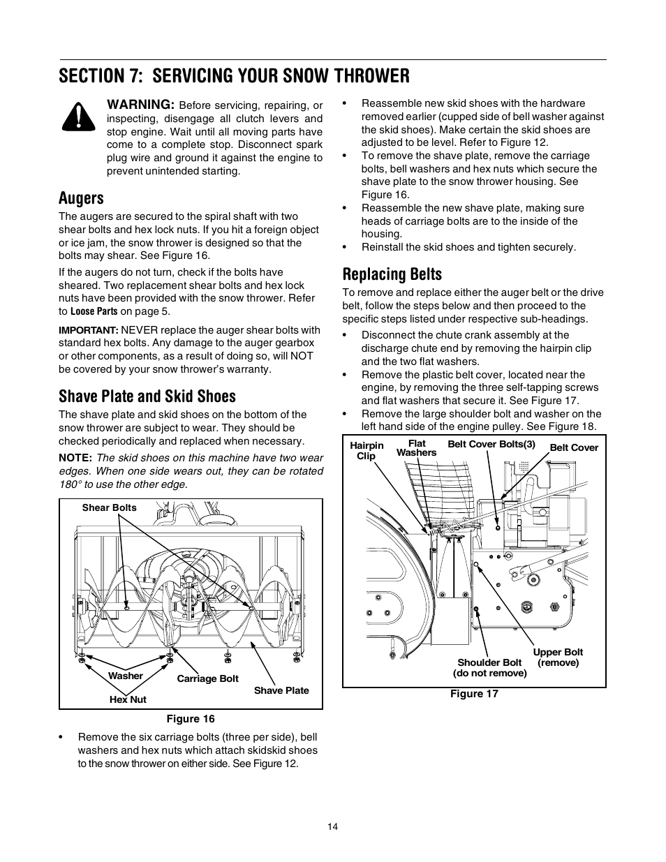 Augers, Shave plate and skid shoes, Replacing belts | Troy-Bilt Polar Blast 10530 User Manual | Page 14 / 28