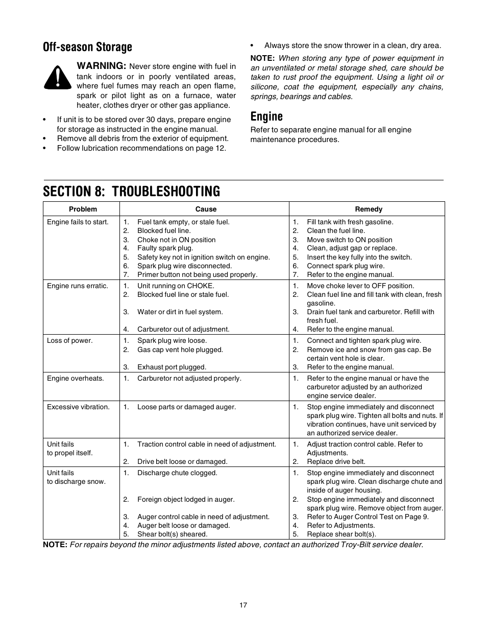 Off-season storage, Engine, Warning | Troy-Bilt Polar Blast 10530 User Manual | Page 17 / 28