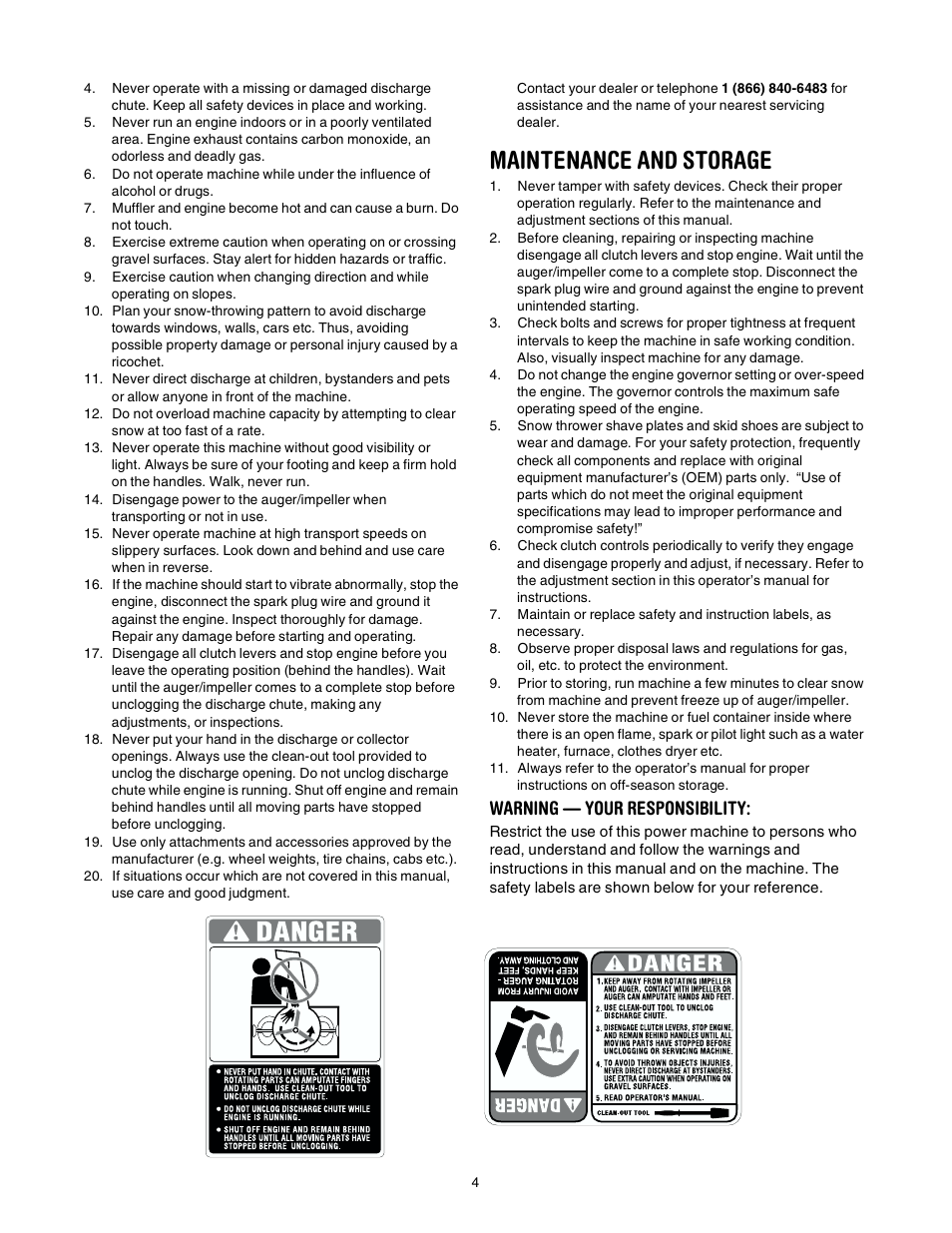 Maintenance and storage, Warning — your responsibility | Troy-Bilt Polar Blast 10530 User Manual | Page 4 / 28
