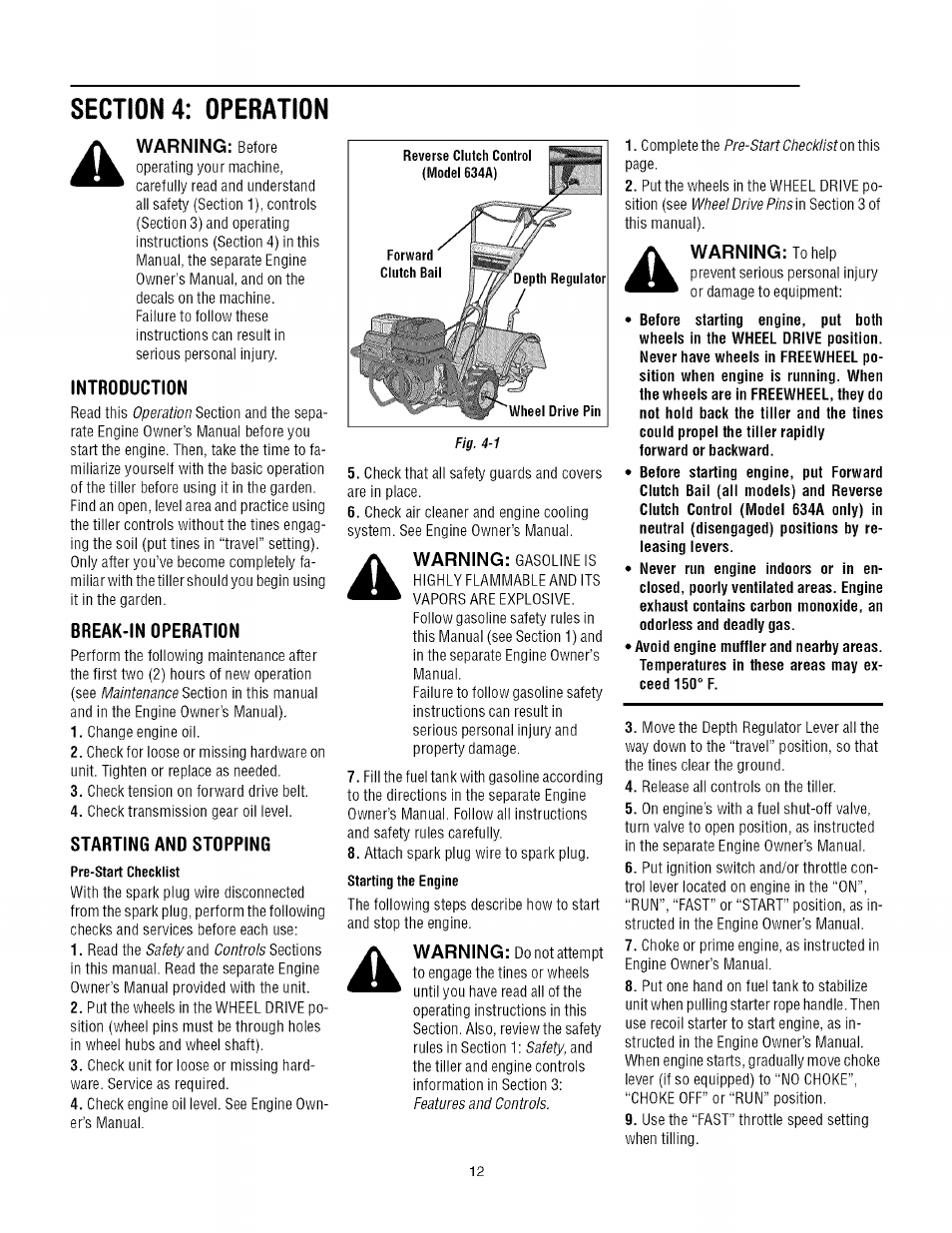Introduction, Break-in operation, Starting and stopping | Warning | Troy-Bilt TUFFY 634A User Manual | Page 12 / 32