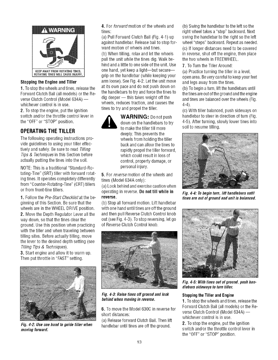 Ik warning, Operating the tiller, Warning | Troy-Bilt TUFFY 634A User Manual | Page 13 / 32