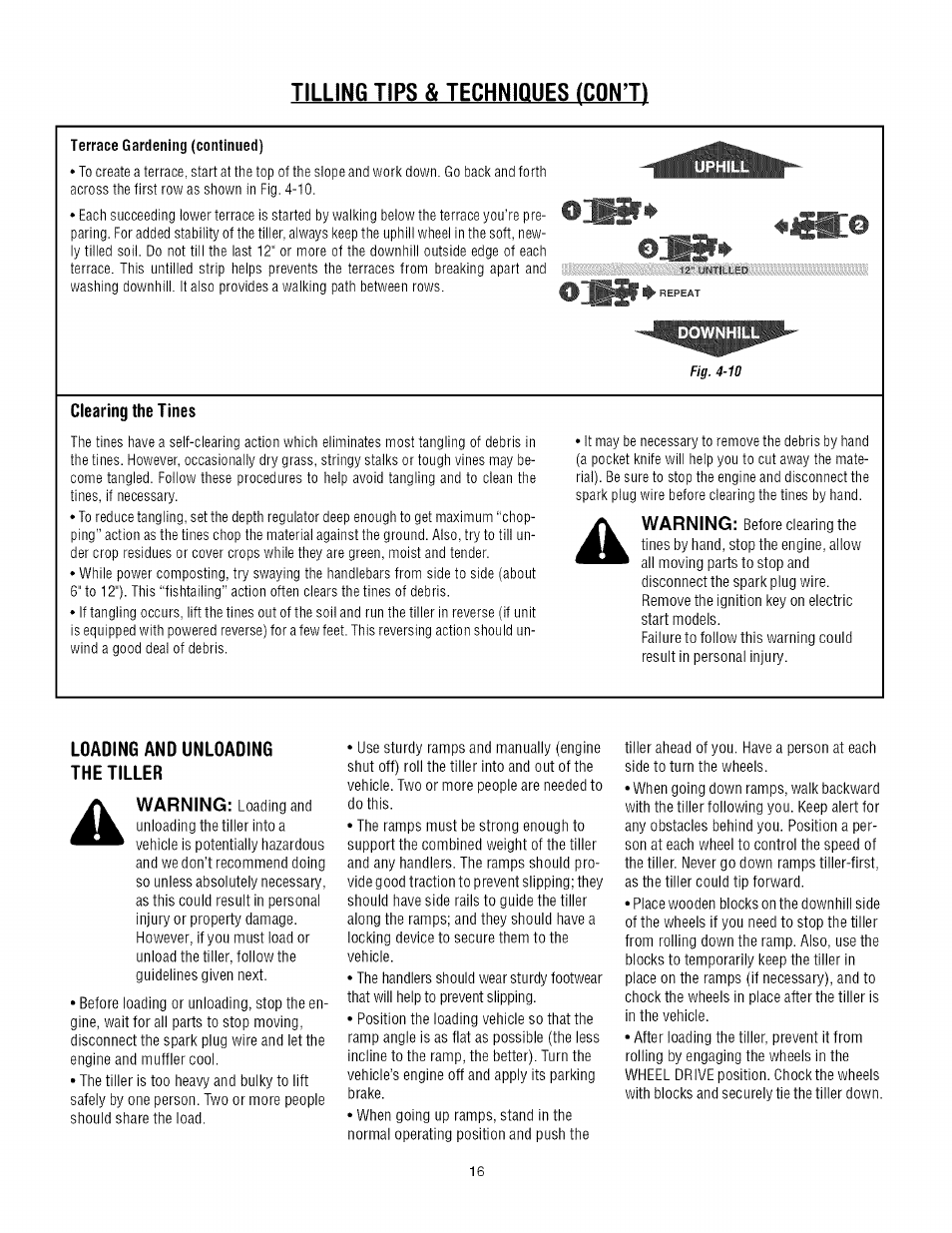 Loading and unloading the tiller, Tilling tips & techniques (cqnt), Clearing the tines | Warning | Troy-Bilt TUFFY 634A User Manual | Page 16 / 32