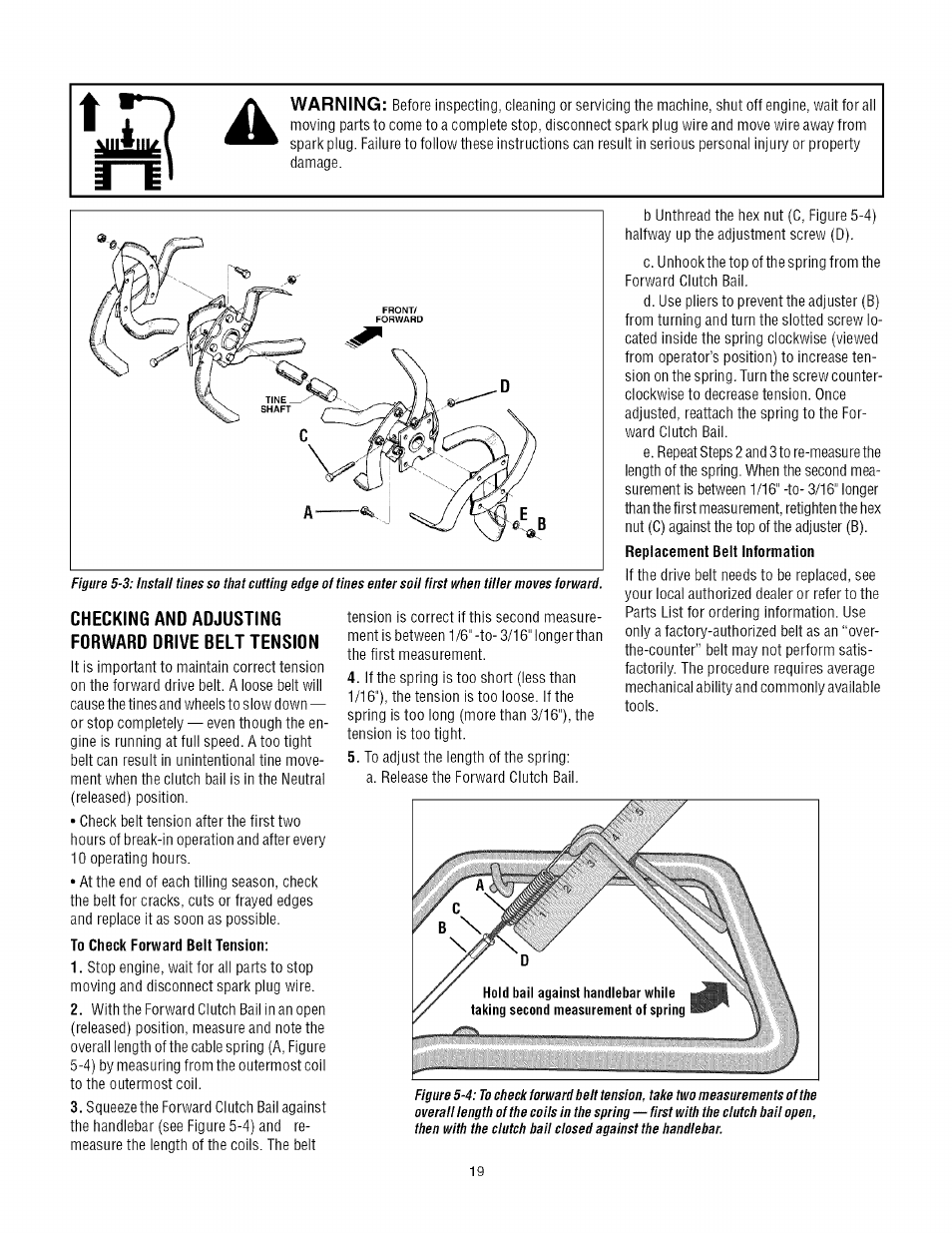 Checking and adjusting forward drive belt tension, Warning | Troy-Bilt TUFFY 634A User Manual | Page 19 / 32