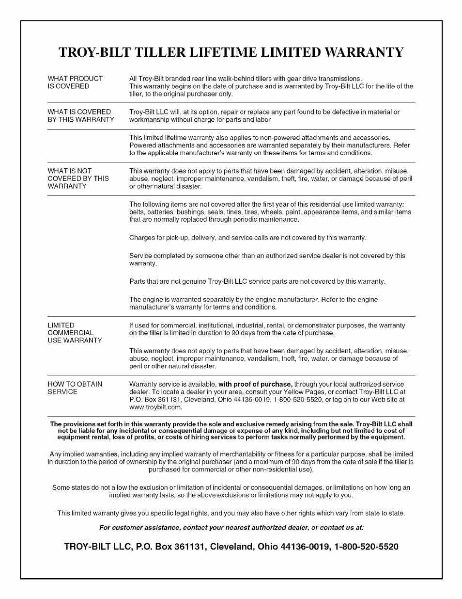 Troy-bilt tiller lifetime limited warranty | Troy-Bilt TUFFY 634A User Manual | Page 32 / 32