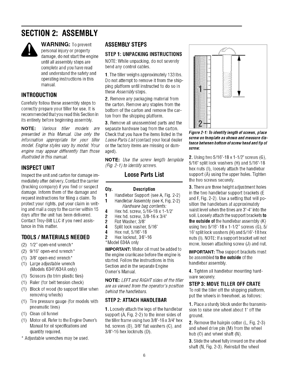 Introduction, Inspect unit, Tools / materials needed | Assembly steps, Loose parts list, Warning | Troy-Bilt TUFFY 634A User Manual | Page 6 / 32