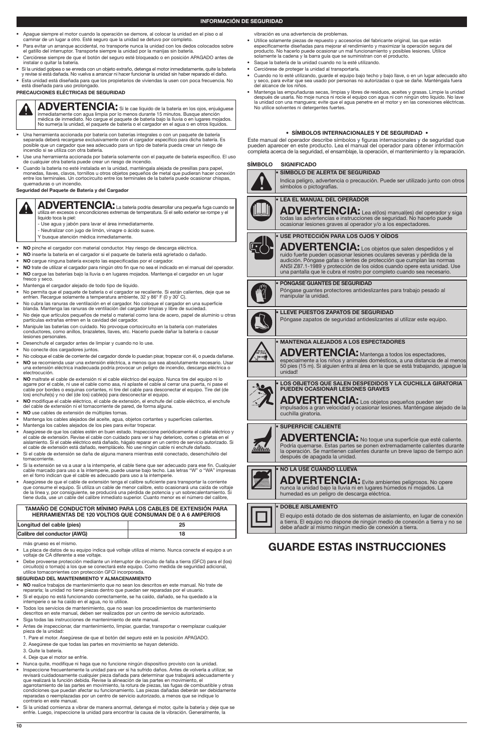Advertencia, Guarde estas instrucciones advertencia | Troy-Bilt 20 Volt Lithium-Ion Battery-Powered Trimmer TB60AF User Manual | Page 10 / 16