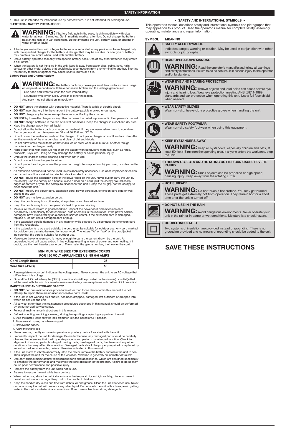 Warning, Save these instructions warning | Troy-Bilt 20 Volt Lithium-Ion Battery-Powered Trimmer TB60AF User Manual | Page 2 / 16