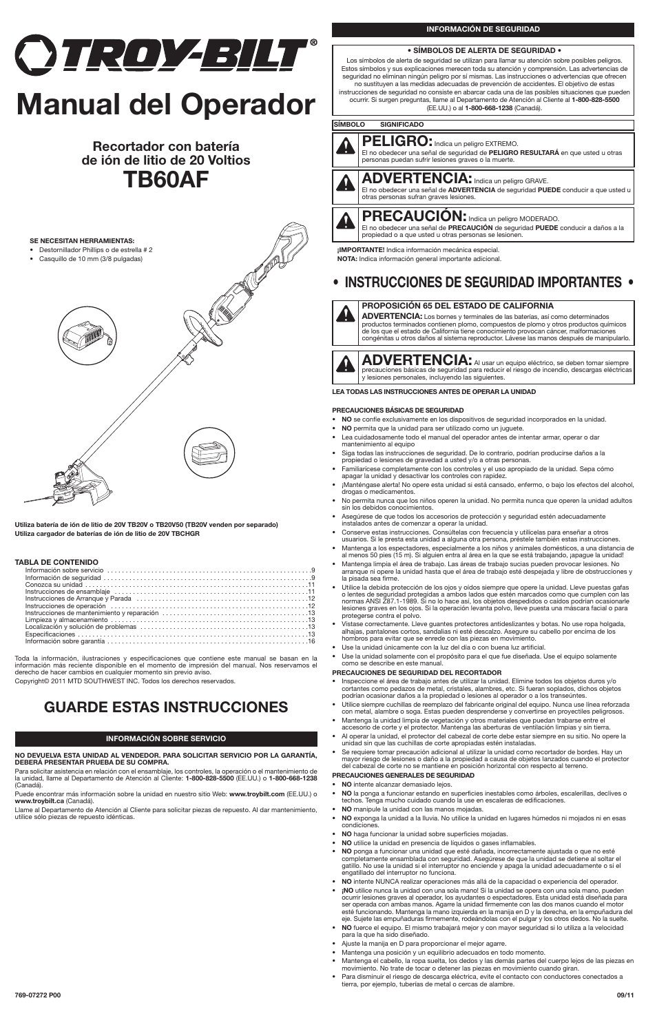 Manual del operador, Tb60af, Instrucciones de seguridad importantes | Advertencia, Guarde estas instrucciones, Peligro, Precaución | Troy-Bilt 20 Volt Lithium-Ion Battery-Powered Trimmer TB60AF User Manual | Page 9 / 16