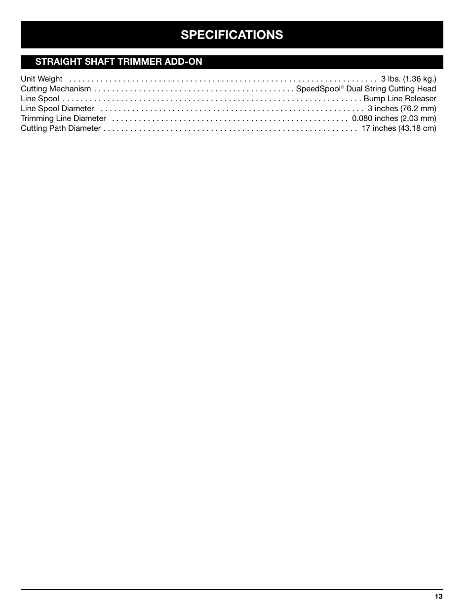 Specifications | Troy-Bilt TBSS User Manual | Page 13 / 48