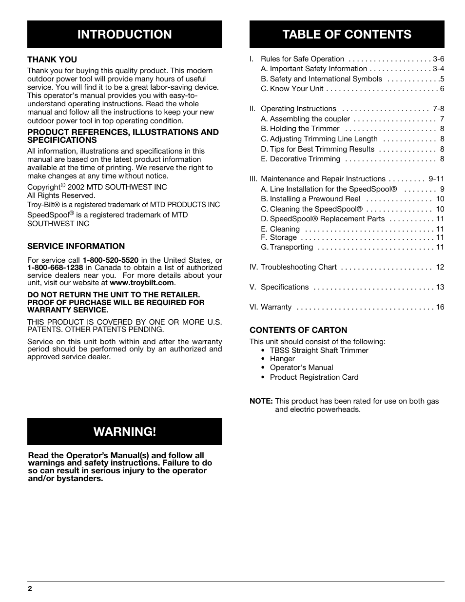 Introduction table of contents, Warning | Troy-Bilt TBSS User Manual | Page 2 / 48