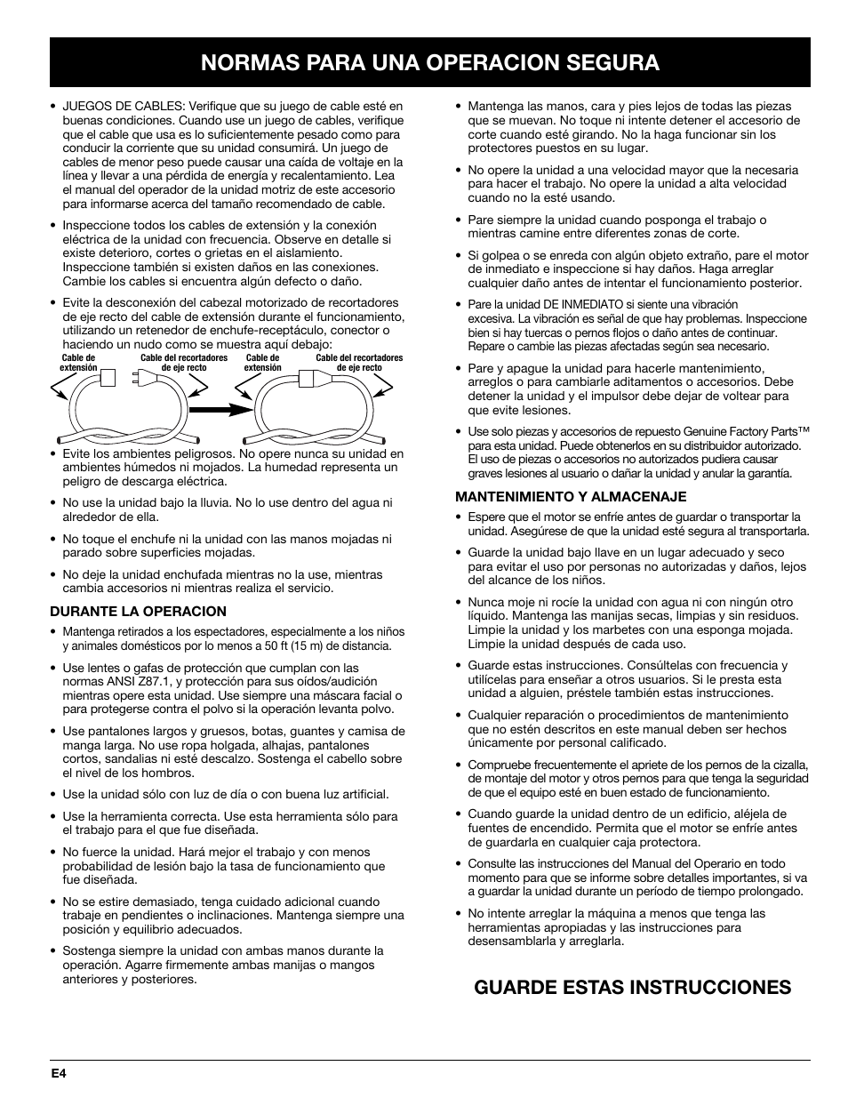 Normas para una operacion segura, Guarde estas instrucciones | Troy-Bilt TBSS User Manual | Page 36 / 48