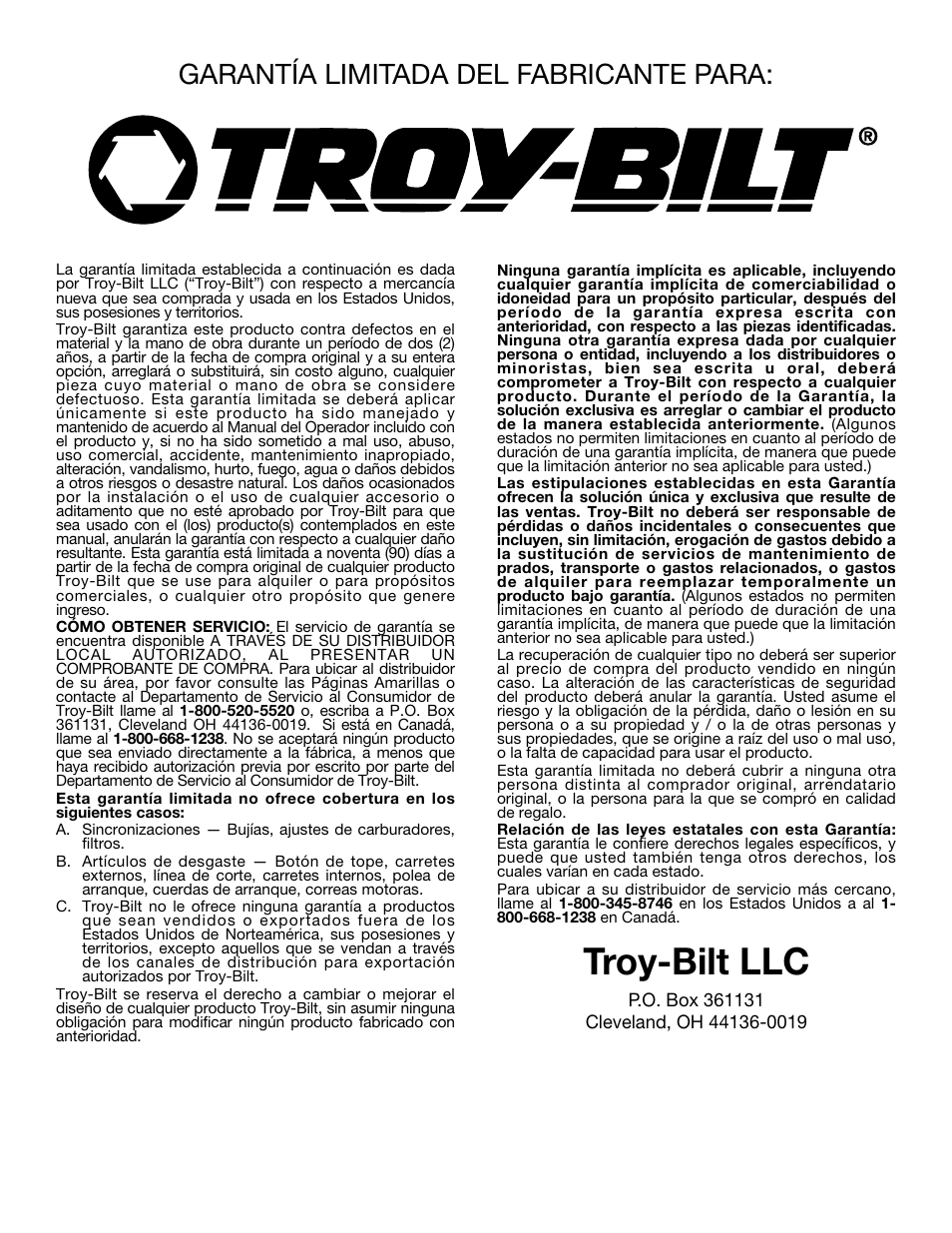 Troy-bilt llc, Garantía limitada del fabricante para | Troy-Bilt TBSS User Manual | Page 48 / 48